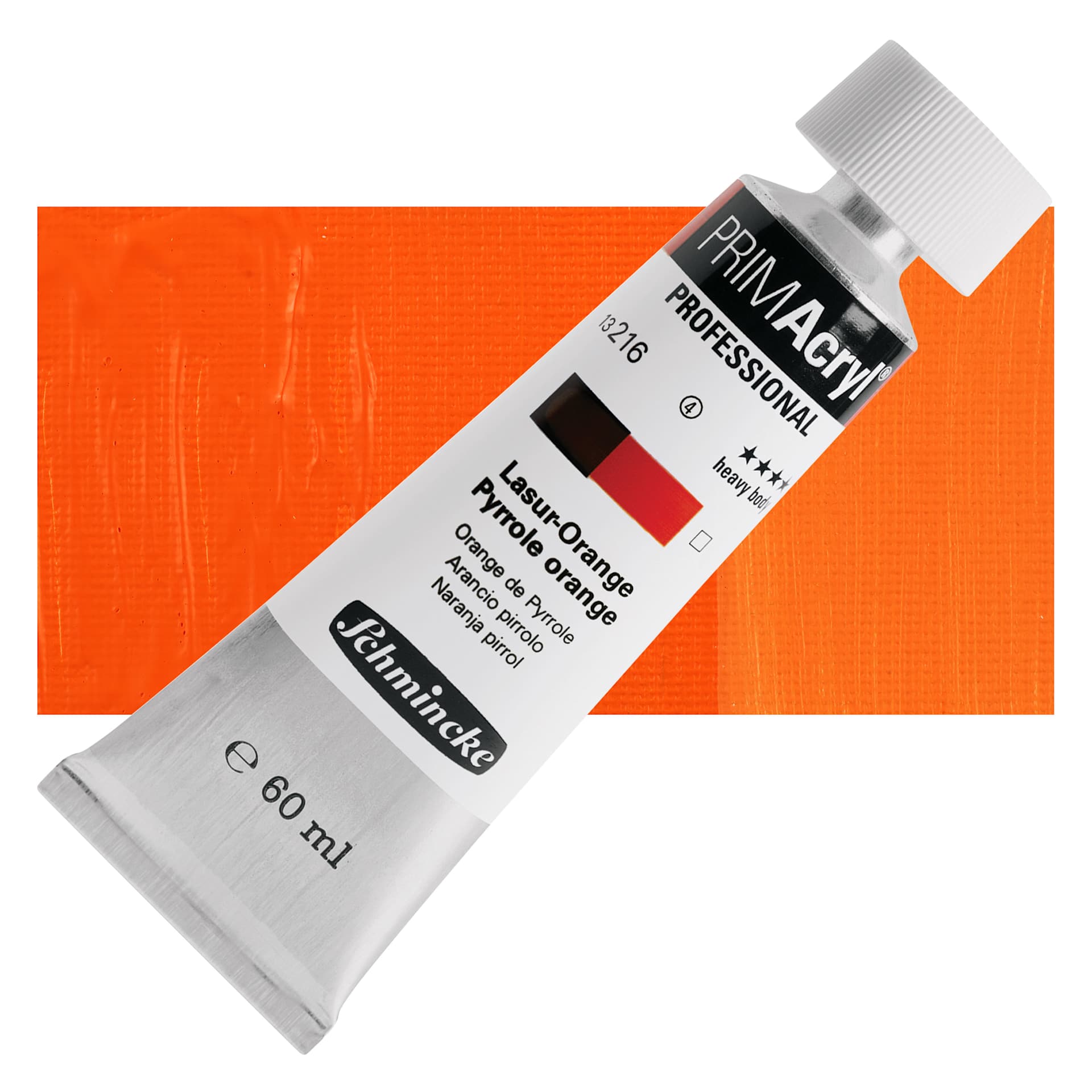 Schmincke Primacryl Professional Acrylic Paint - Pyrrole Orange, 60 ml Tube and swatch