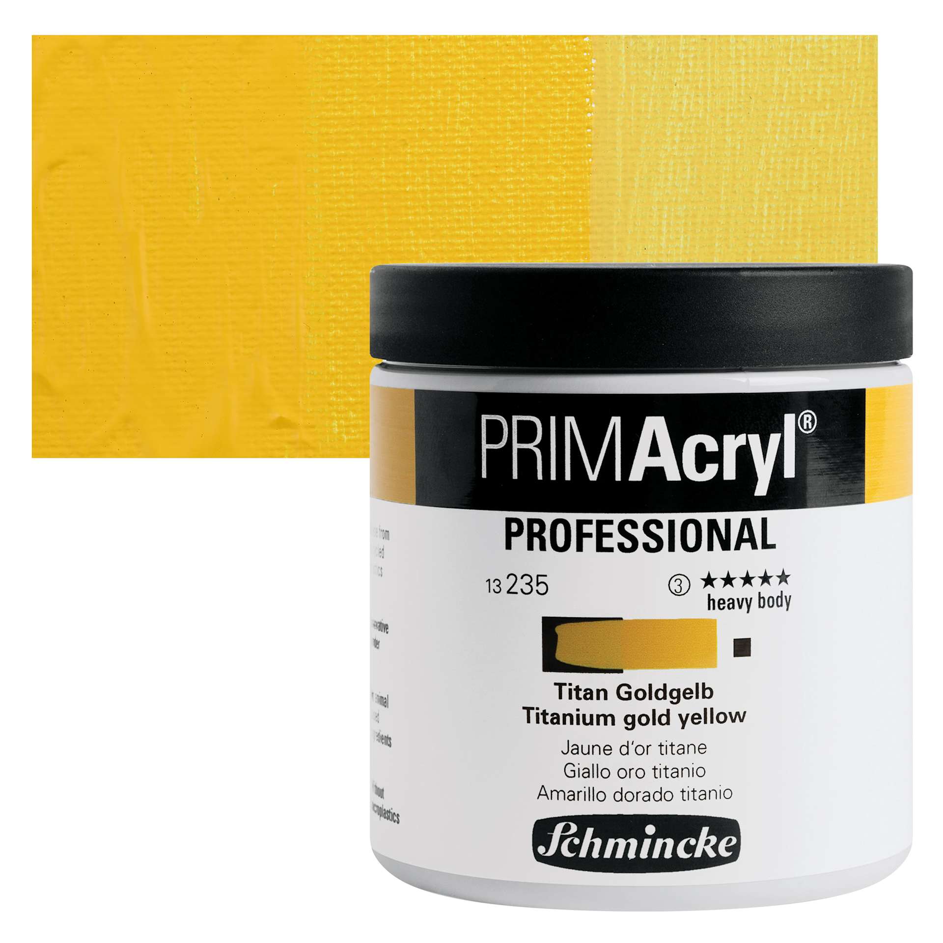 Schmincke Primacryl Professional Acrylic Paint - Titanium Gold Yellow, 237 ml Jar and swatch