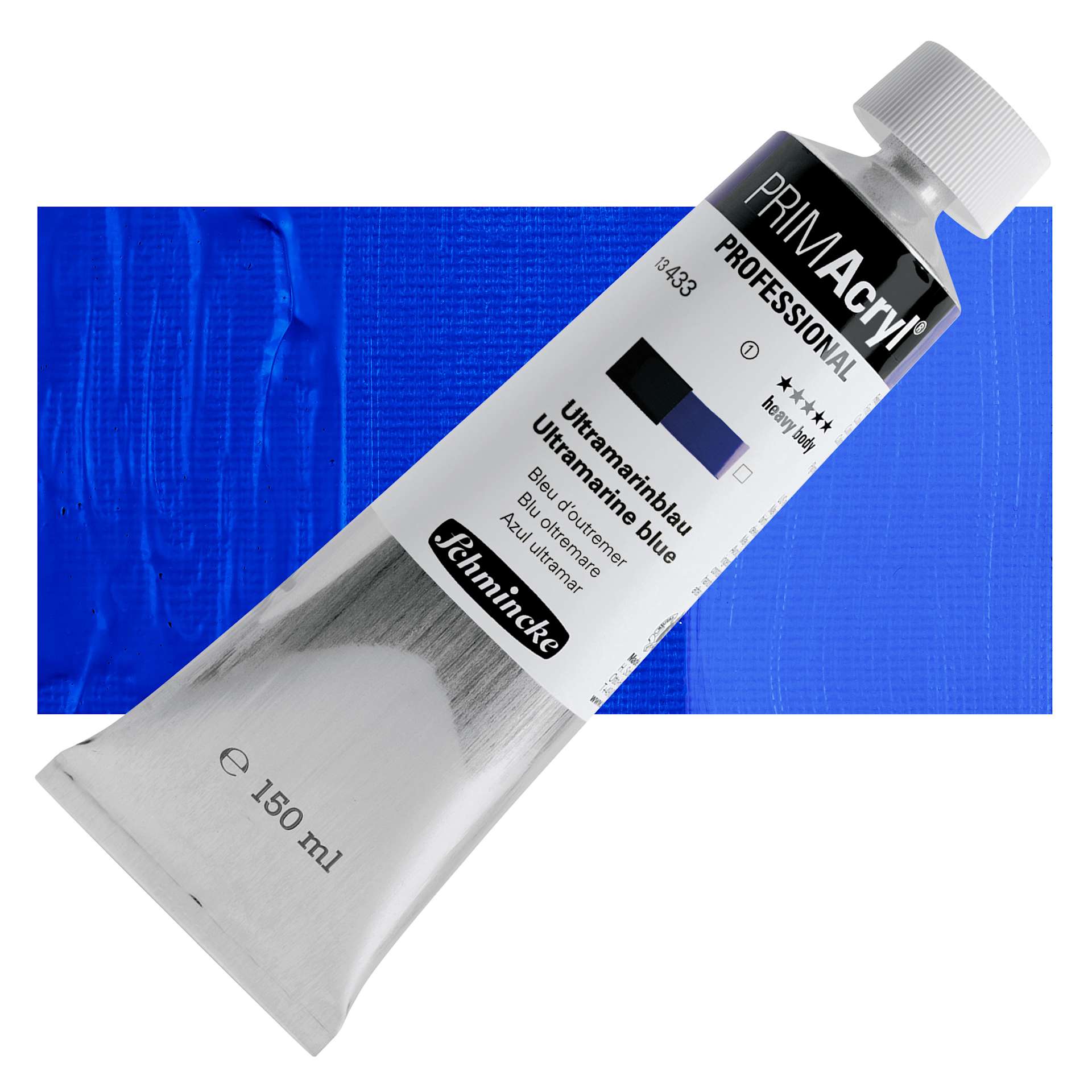 Schmincke Primacryl Professional Acrylic Paint - Ultramarine Blue, 150 ml Tube and swatch
