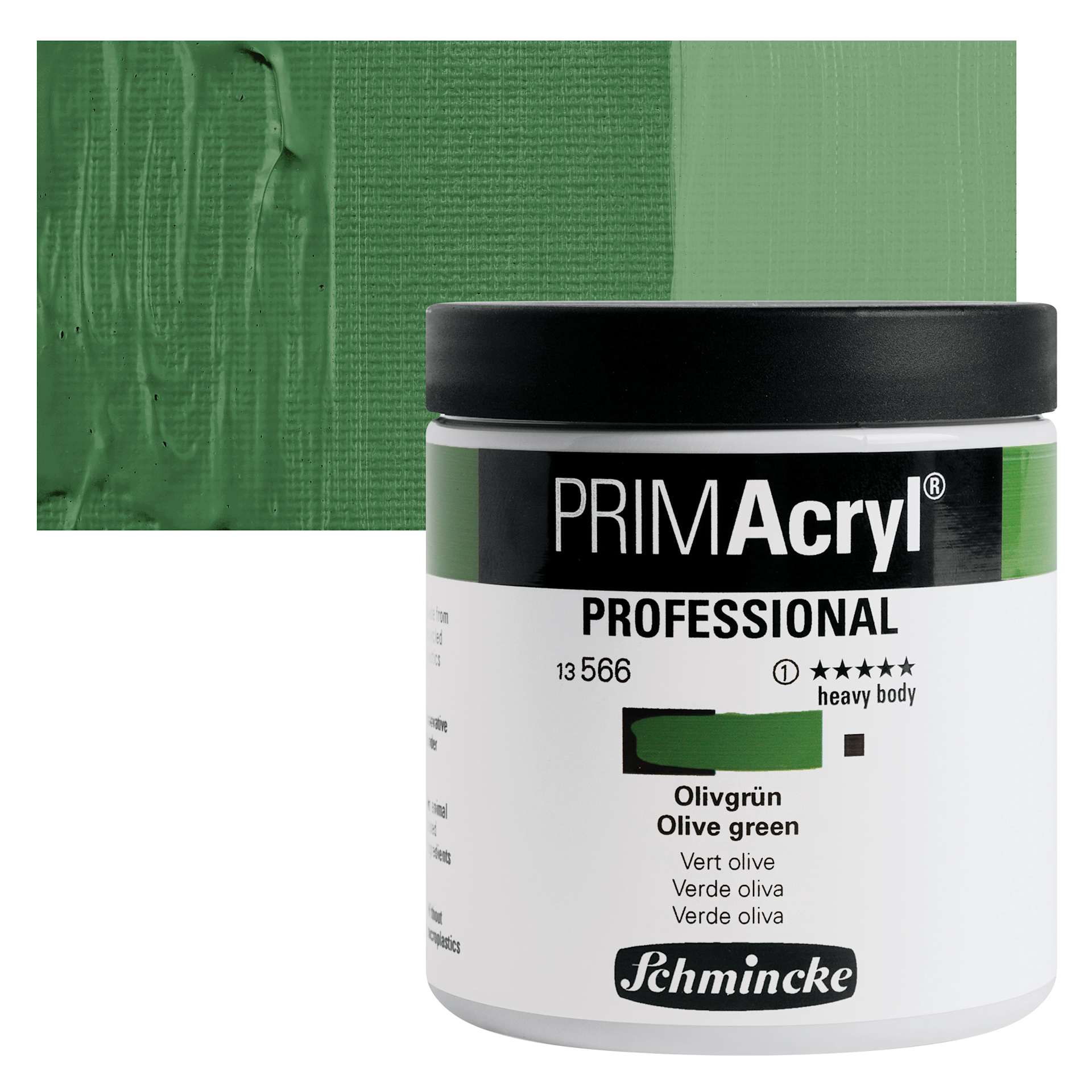 Schmincke Primacryl Professional Acrylic Paint - Olive Green, 237 ml Jar and swatch