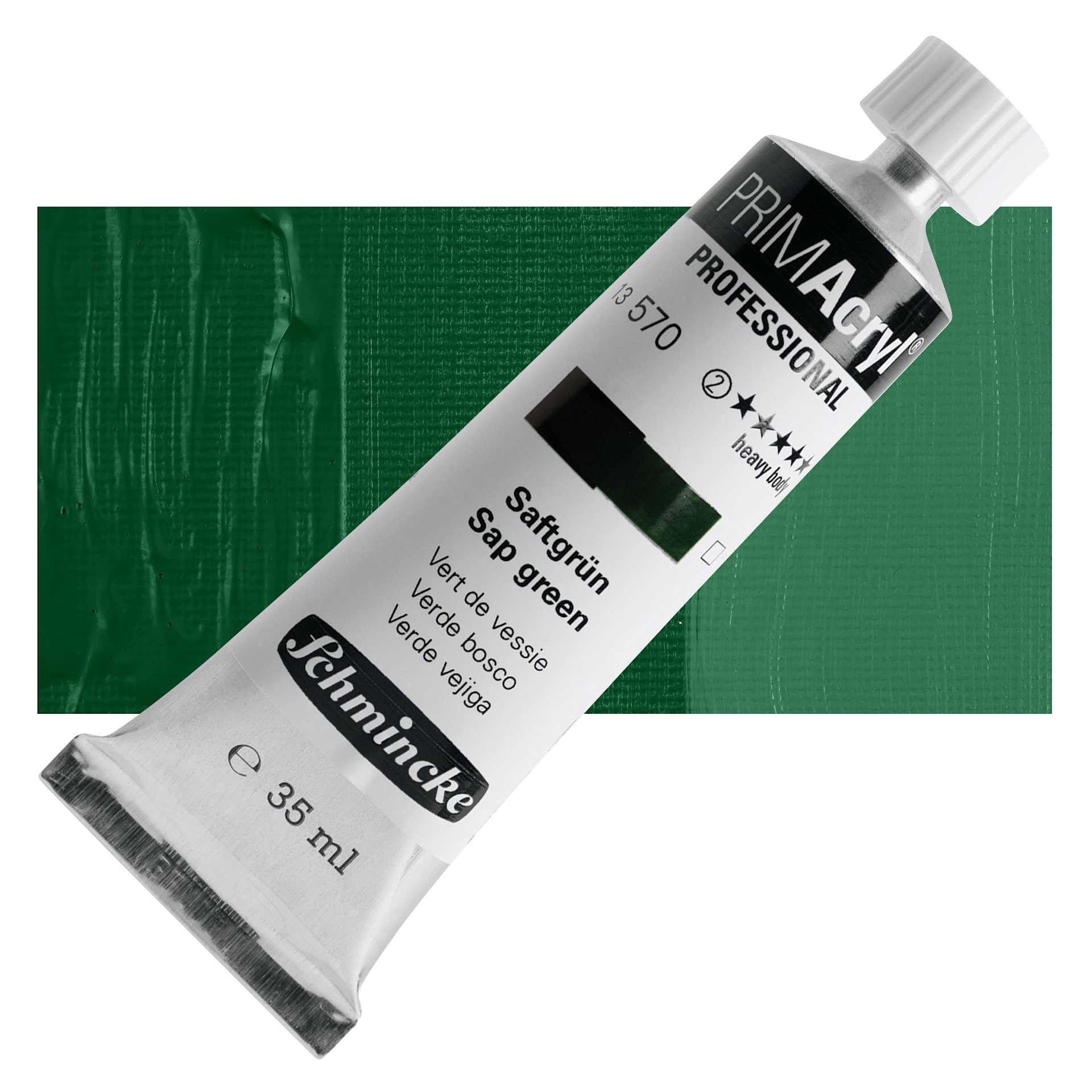 Schmincke Primacryl Professional Acrylic Paint - Sap Green, 35 ml Tube and swatch