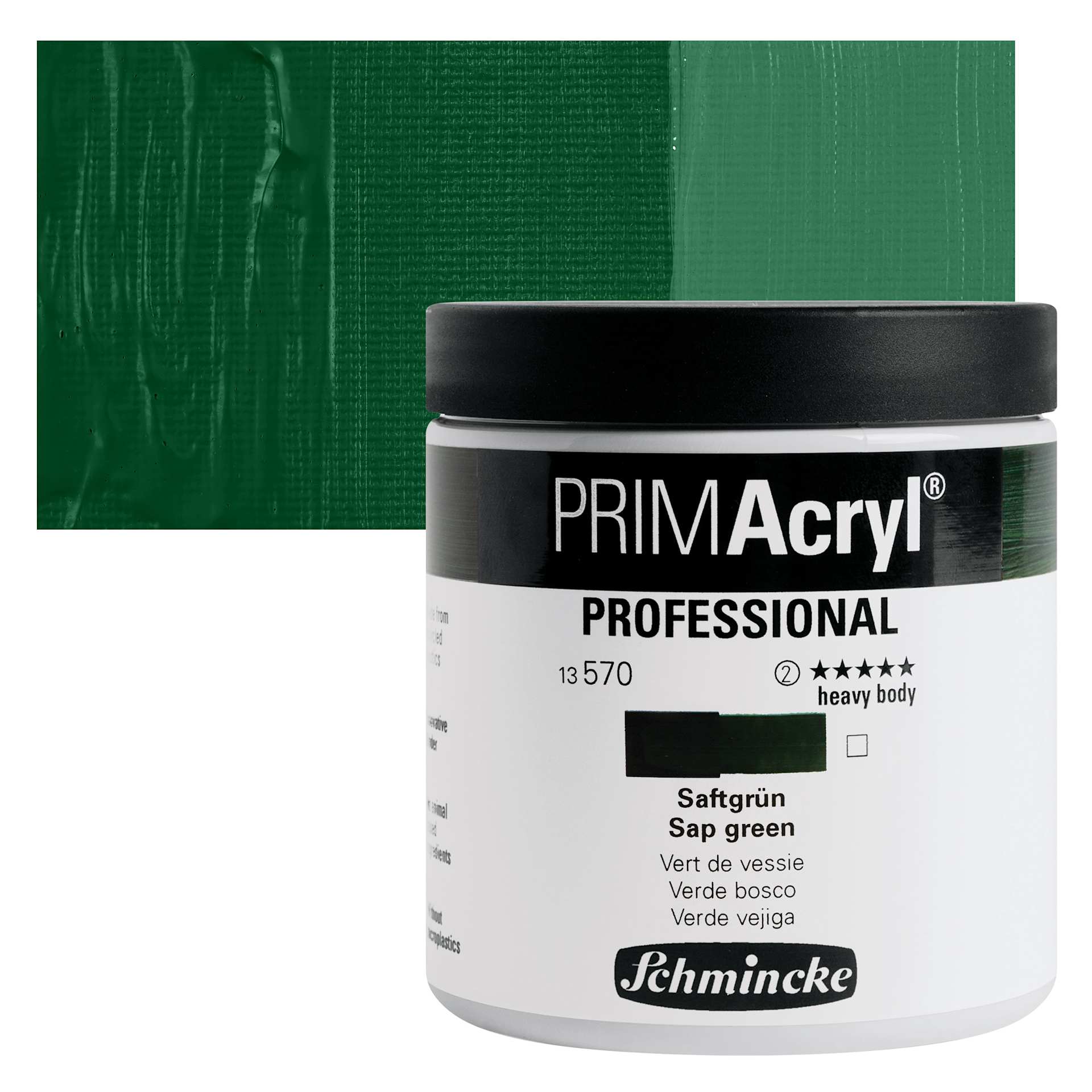 Schmincke Primacryl Professional Acrylic Paint - Sap Green, 237 ml Jar and swatch