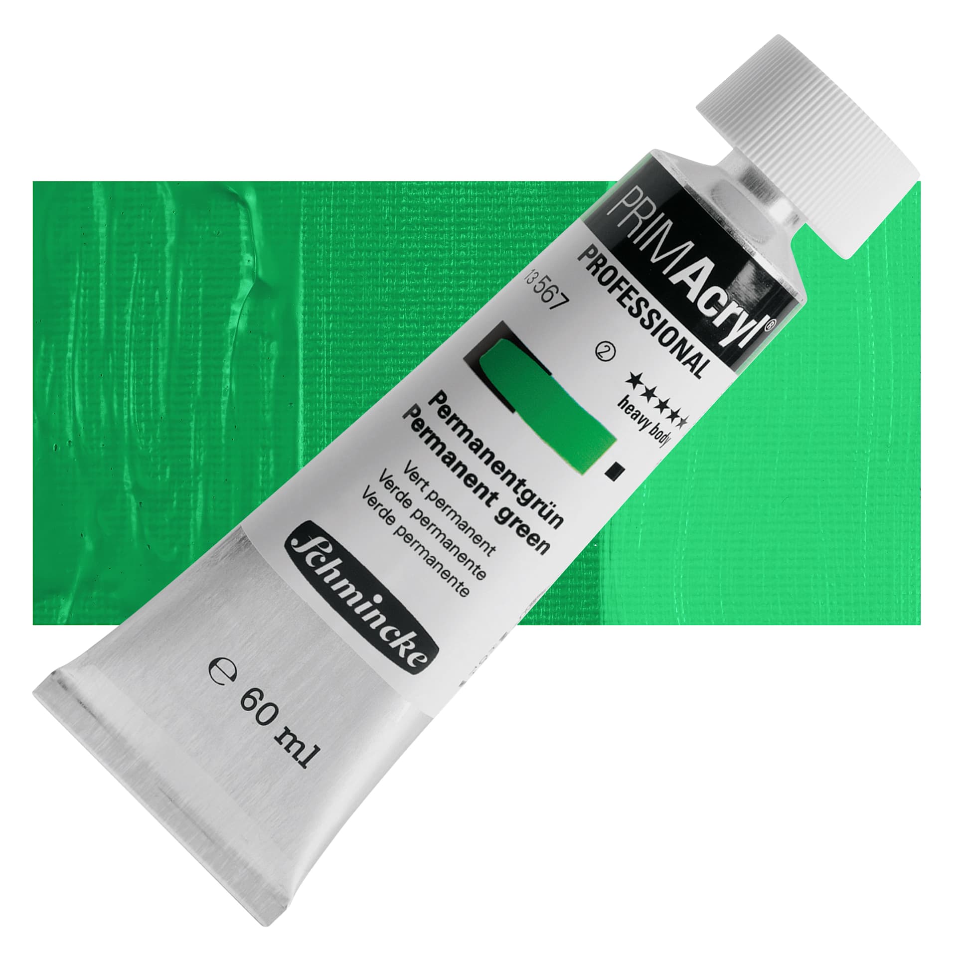 Schmincke Primacryl Professional Acrylic Paint - Permanent Green Light, 60 ml Tube and swatch