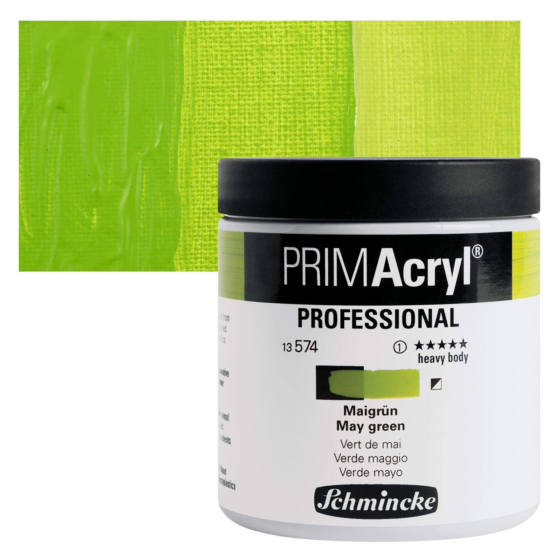 Schmincke Primacryl Professional Acrylic Paint - May Green, 237 ml Jar and swatch