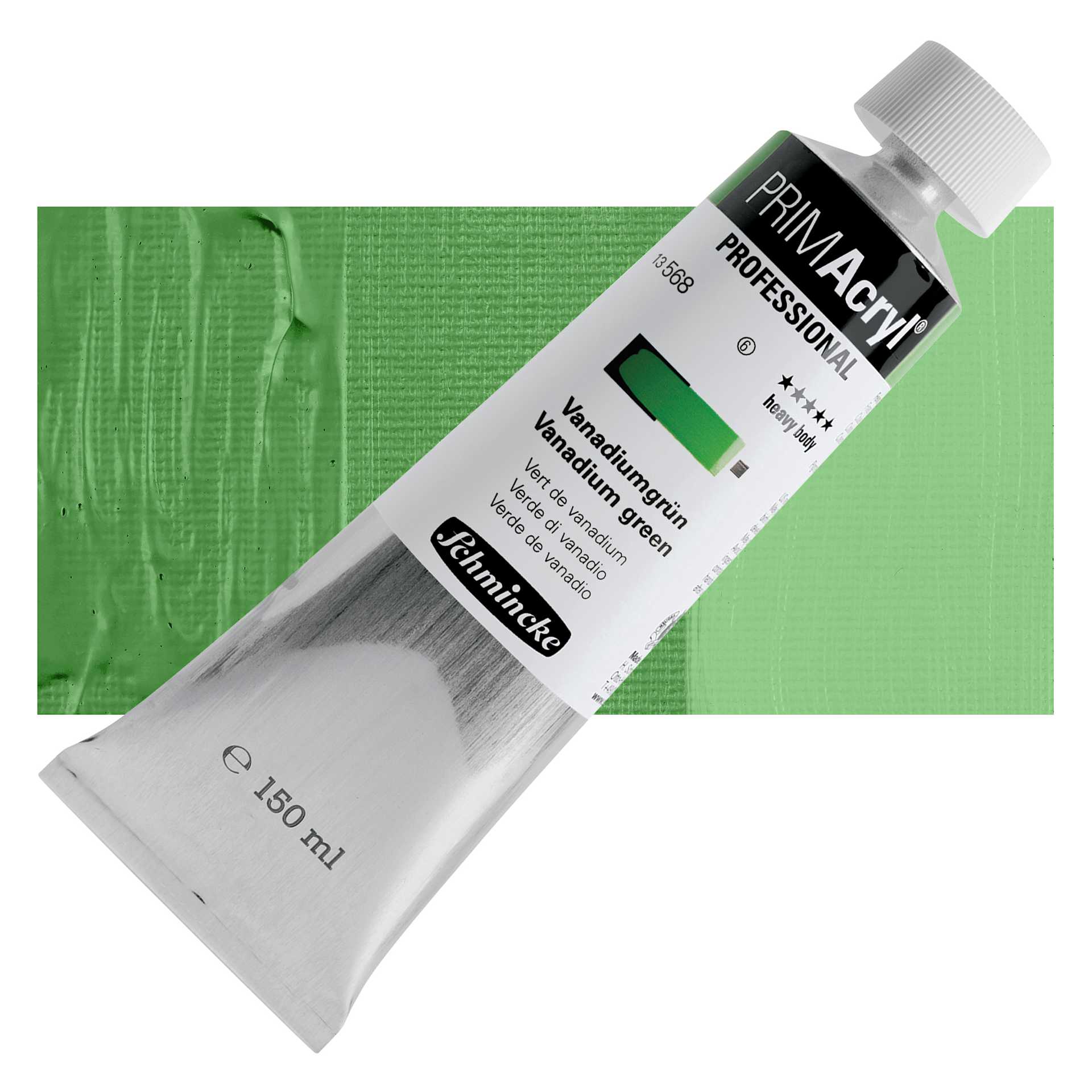 Schmincke Primacryl Professional Acrylic Paint - Vanadium Green, 150 ml Tube and swatch