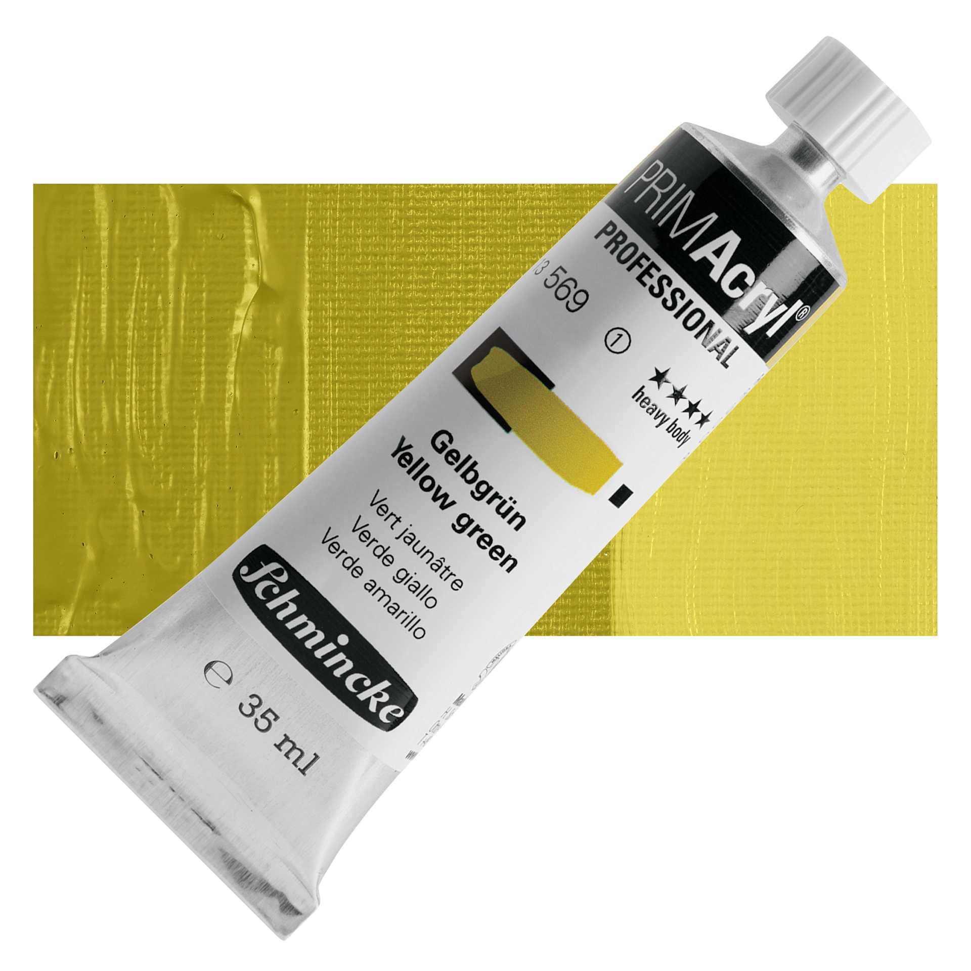 Schmincke Primacryl Professional Acrylic Paint - Yellow Green, 35 ml Tube and swatch