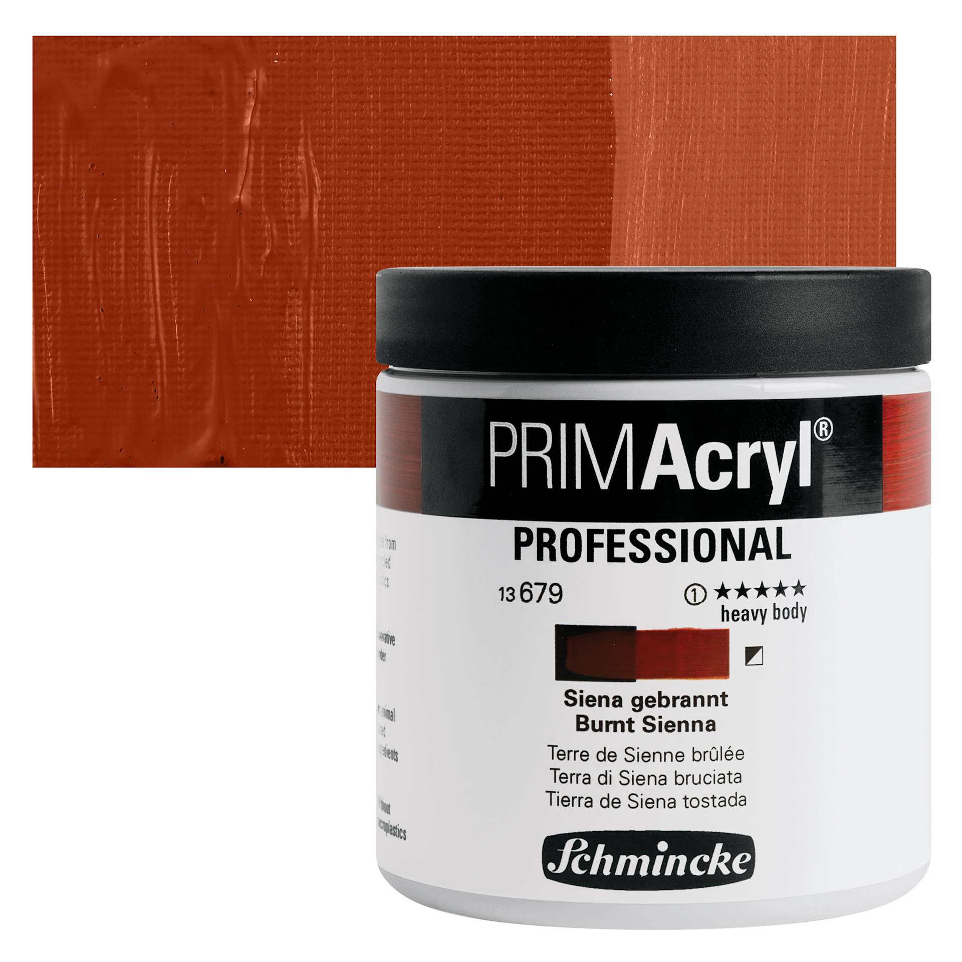 Schmincke Primacryl Professional Acrylic Paint - Burnt Sienna, 237 ml Jar and swatch