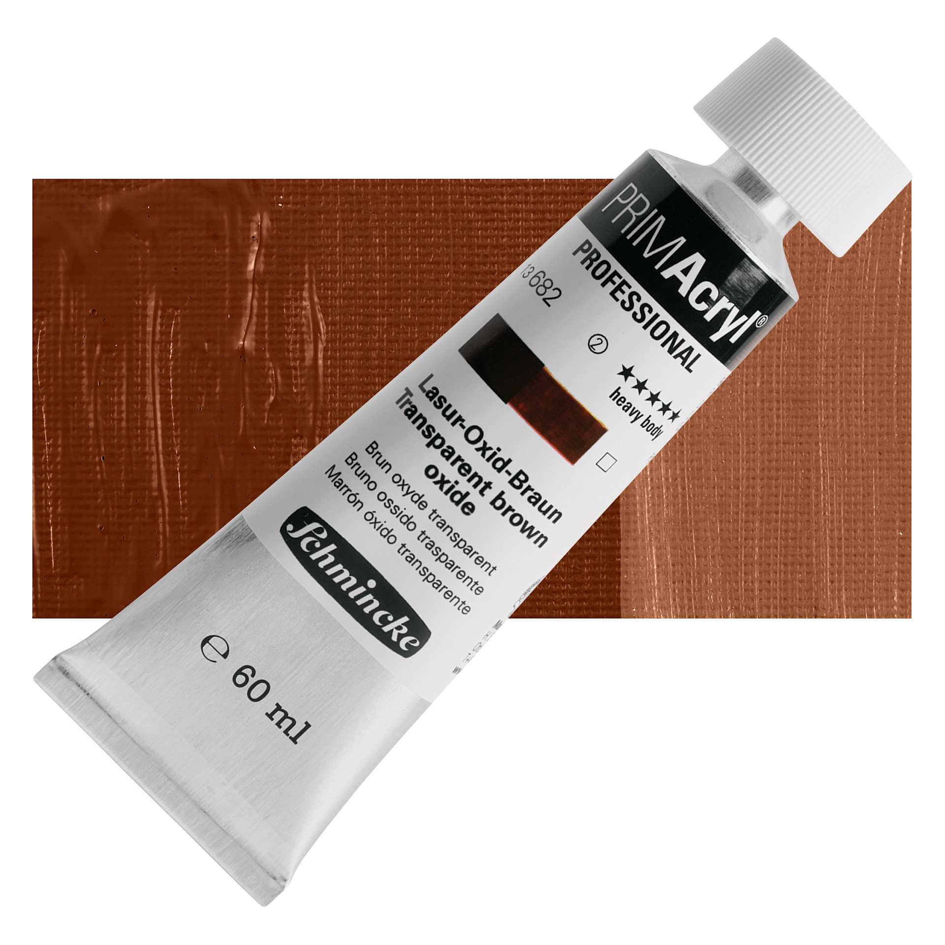 Schmincke Primacryl Professional Acrylic Paint - Transparent Brown Oxide, 60 ml Tube and swatch