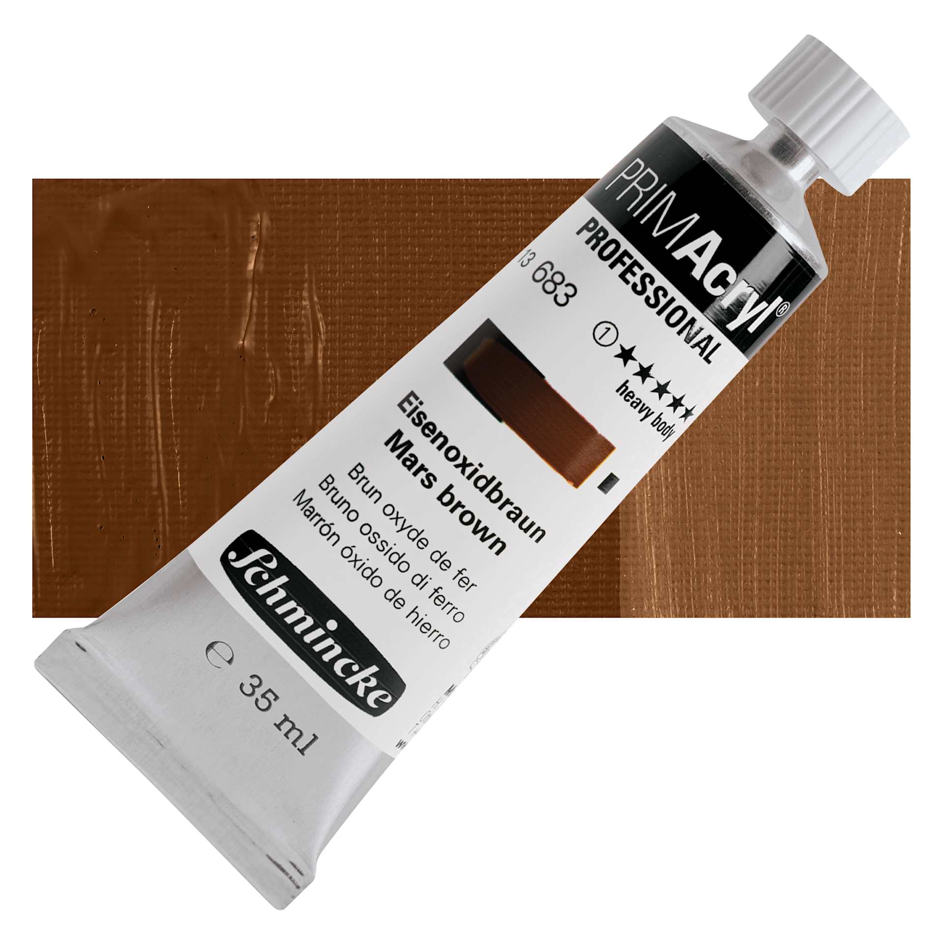 Schmincke Primacryl Professional Acrylic Paint - Mars Brown, 35 ml Tube and swatch