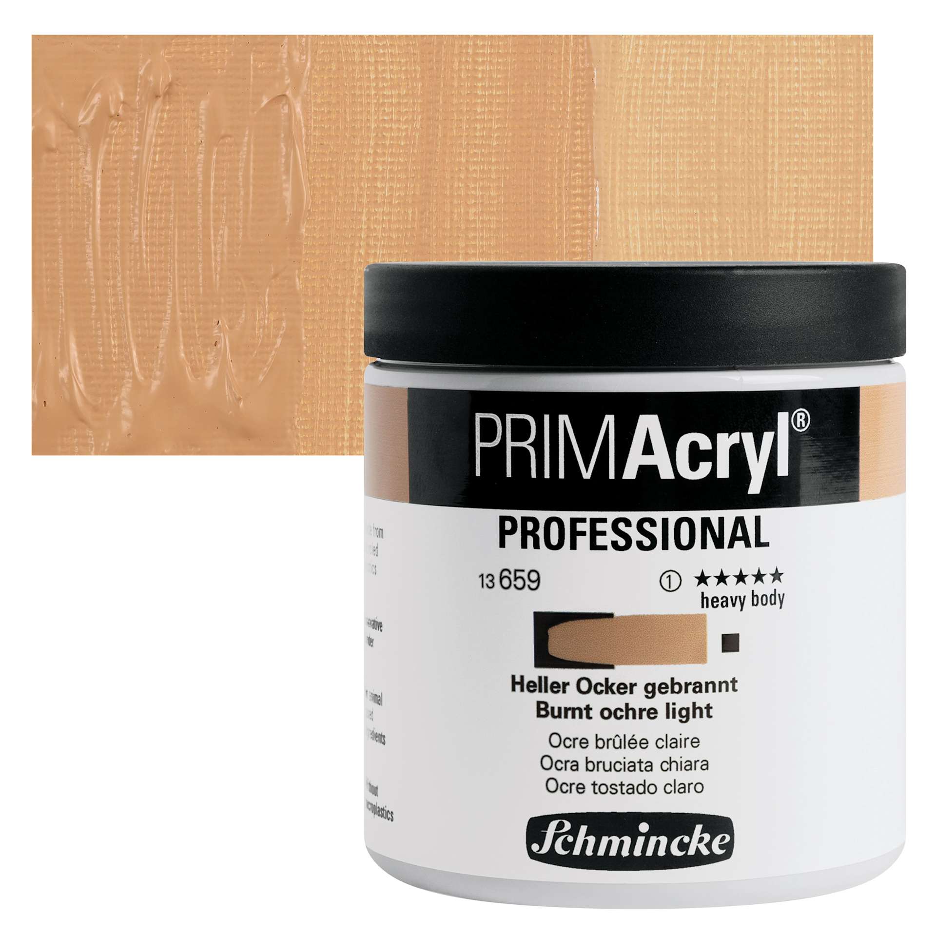 Schmincke Primacryl Professional Acrylic Paint - Burnt Ochre Light, 237 ml Jar and swatch