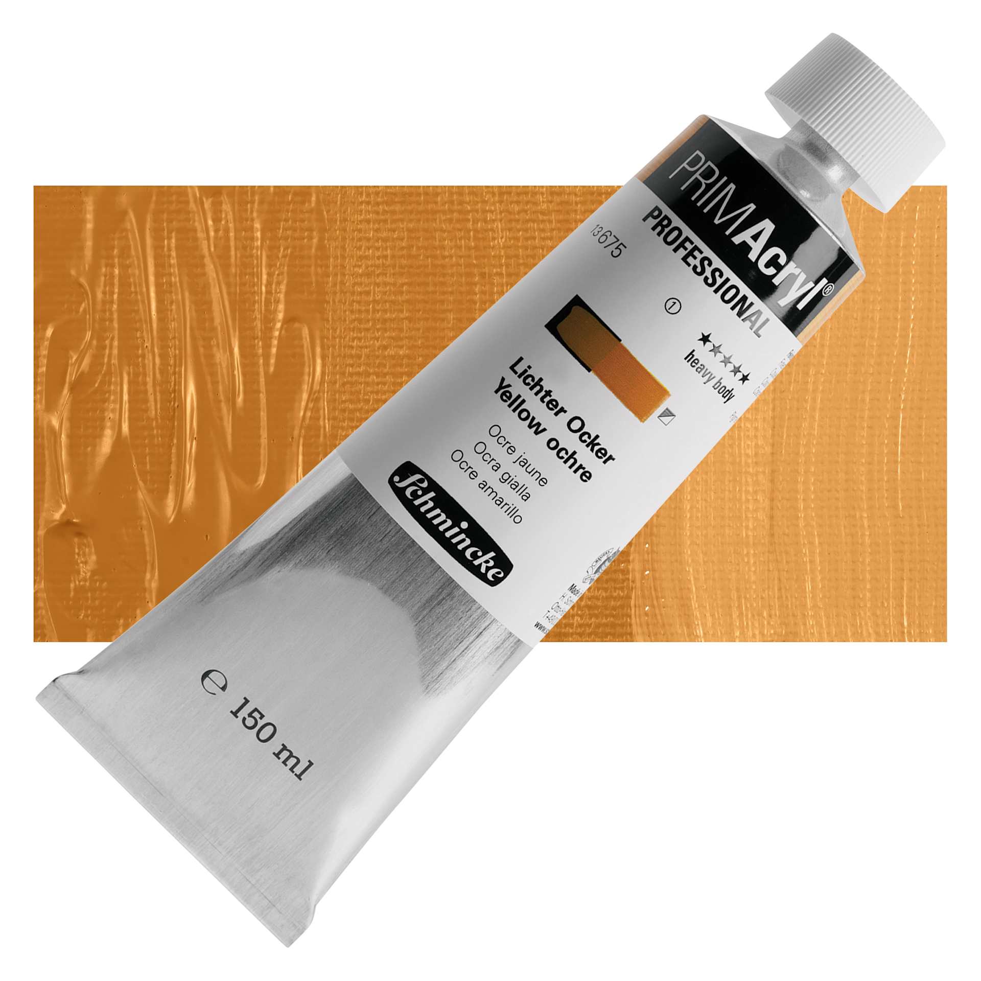 Schmincke Primacryl Professional Acrylic Paint - Yellow Ochre, 150 ml Tube and swatch