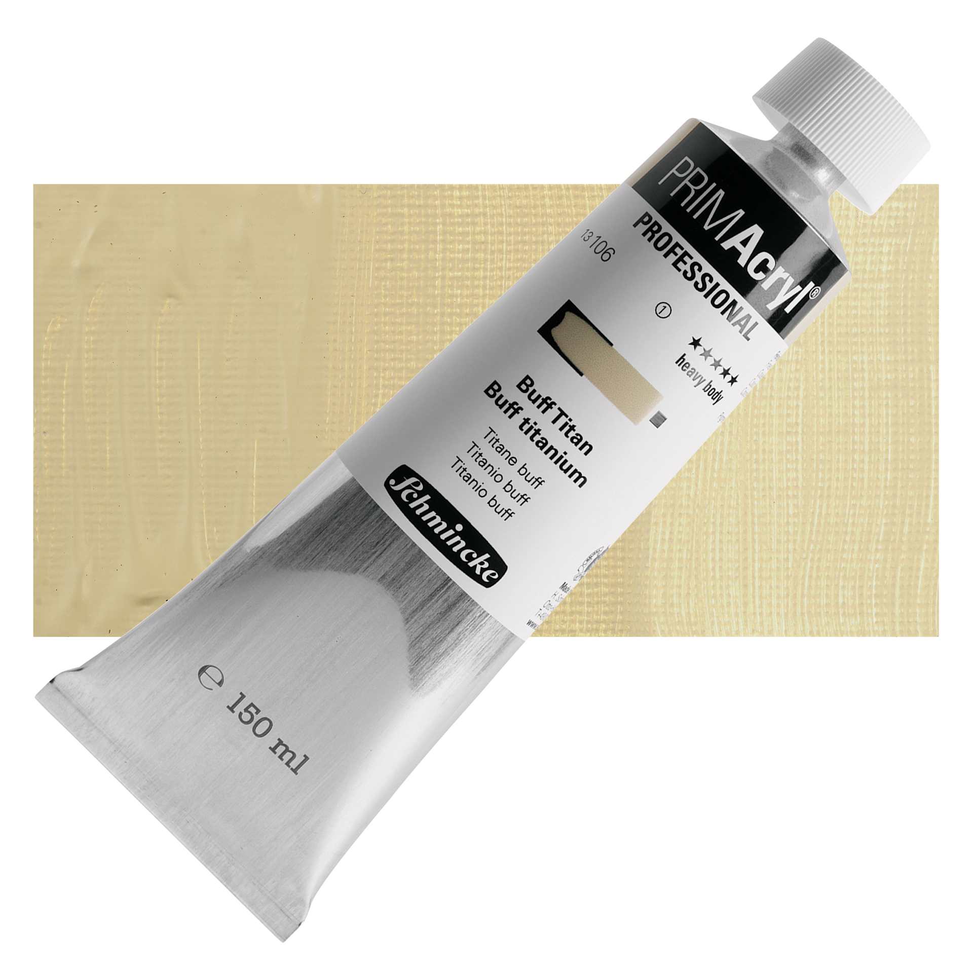 Schmincke Primacryl Professional Acrylic Paint - Buff Titanium, 150 ml Tube and swatch