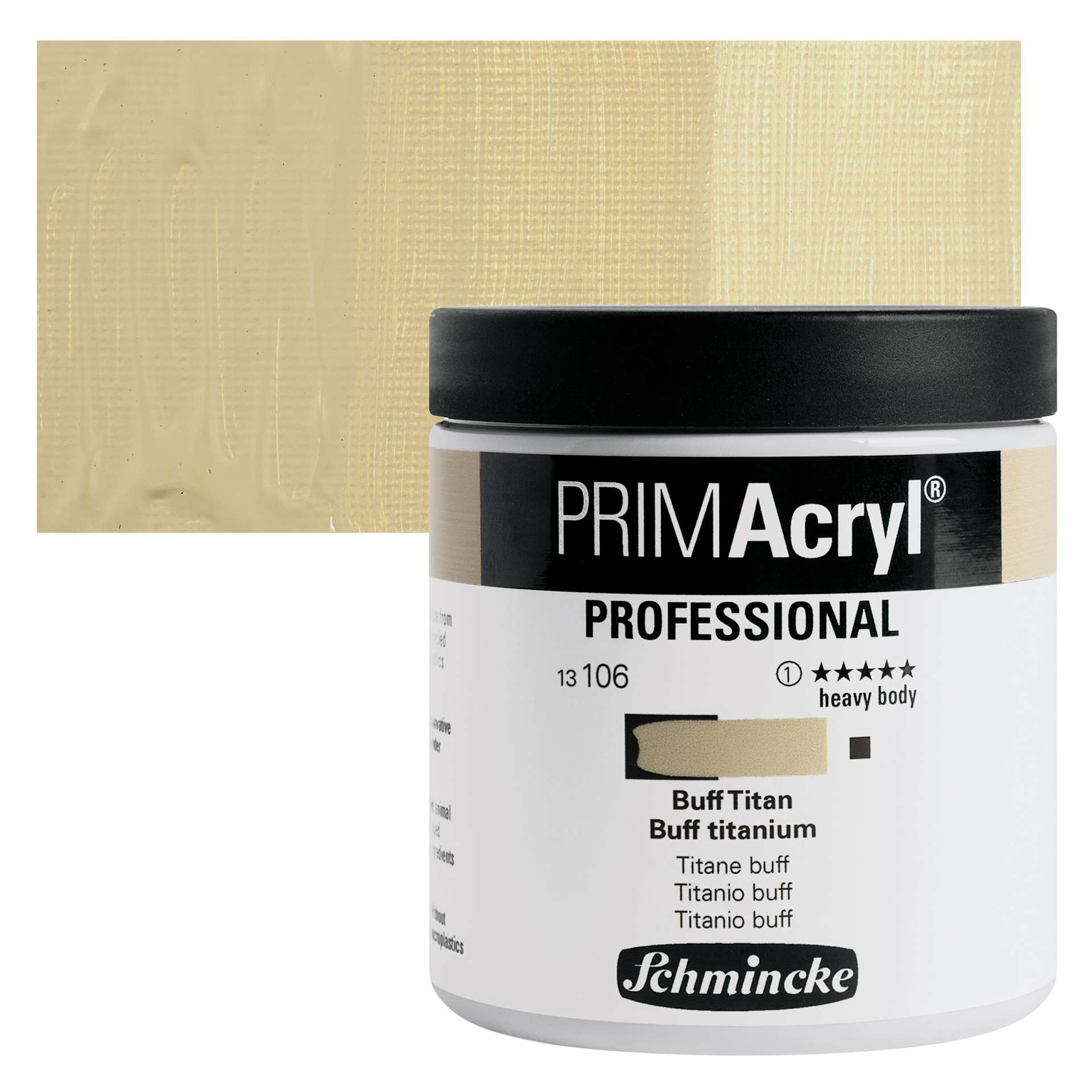 Schmincke Primacryl Professional Acrylic Paint - Buff Titanium, 237 ml Jar and swatch