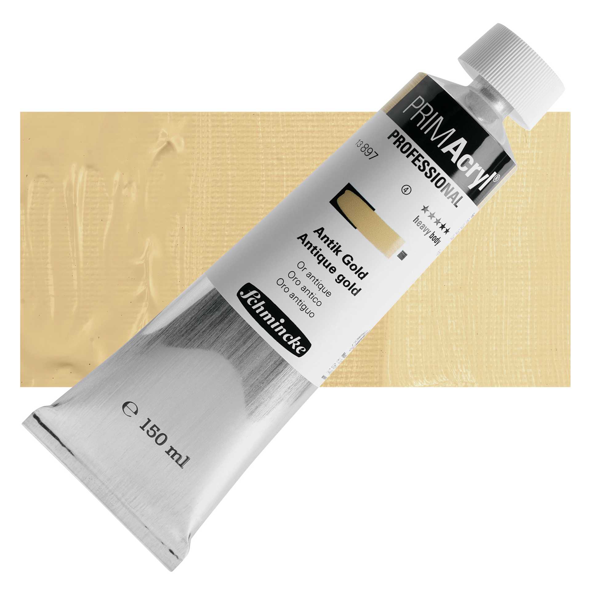 Schmincke Primacryl Professional Acrylic Paint - Antique Gold, 150 ml Tube and swatch