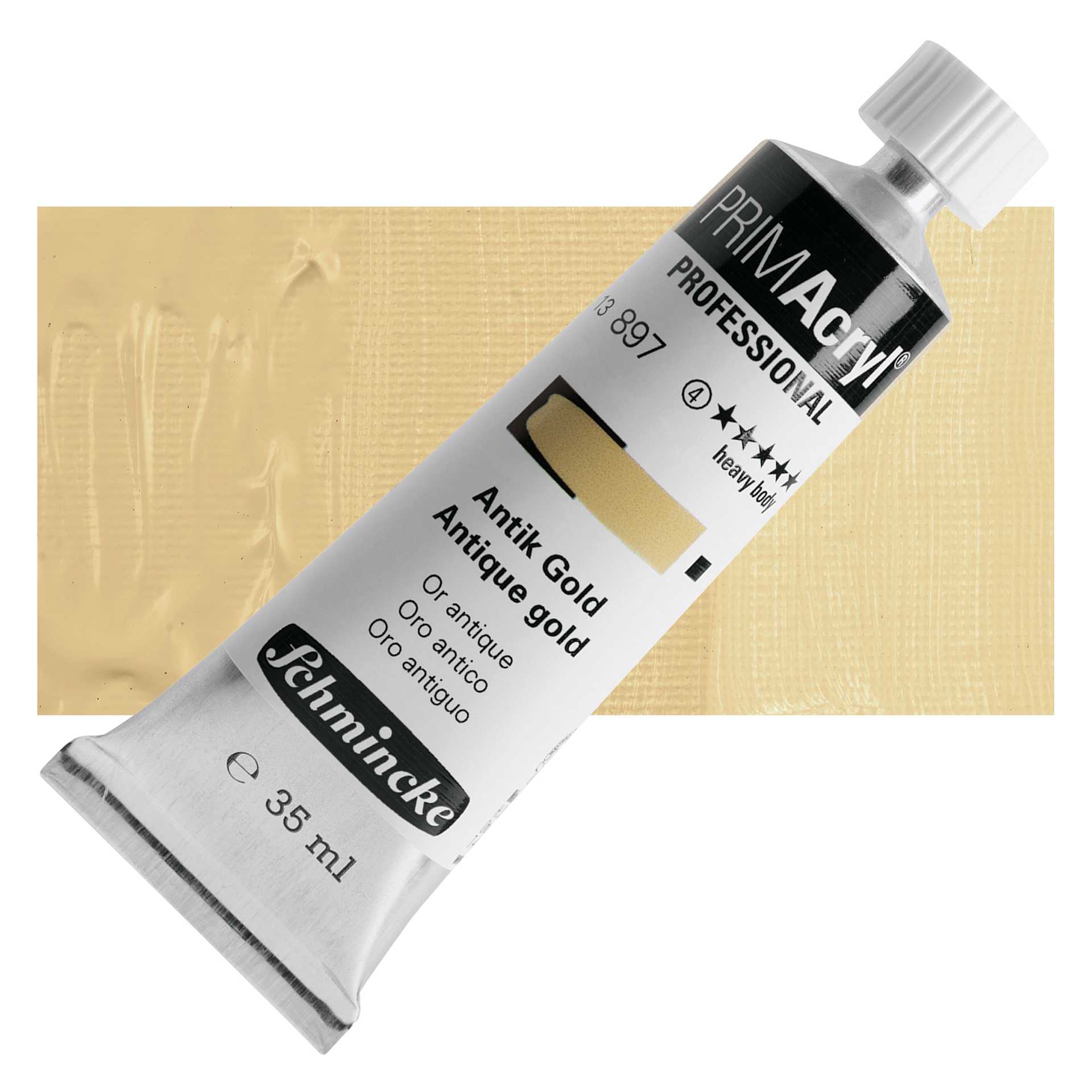 Schmincke Primacryl Professional Acrylic Paint - Antique Gold, 35 ml Tube and swatch