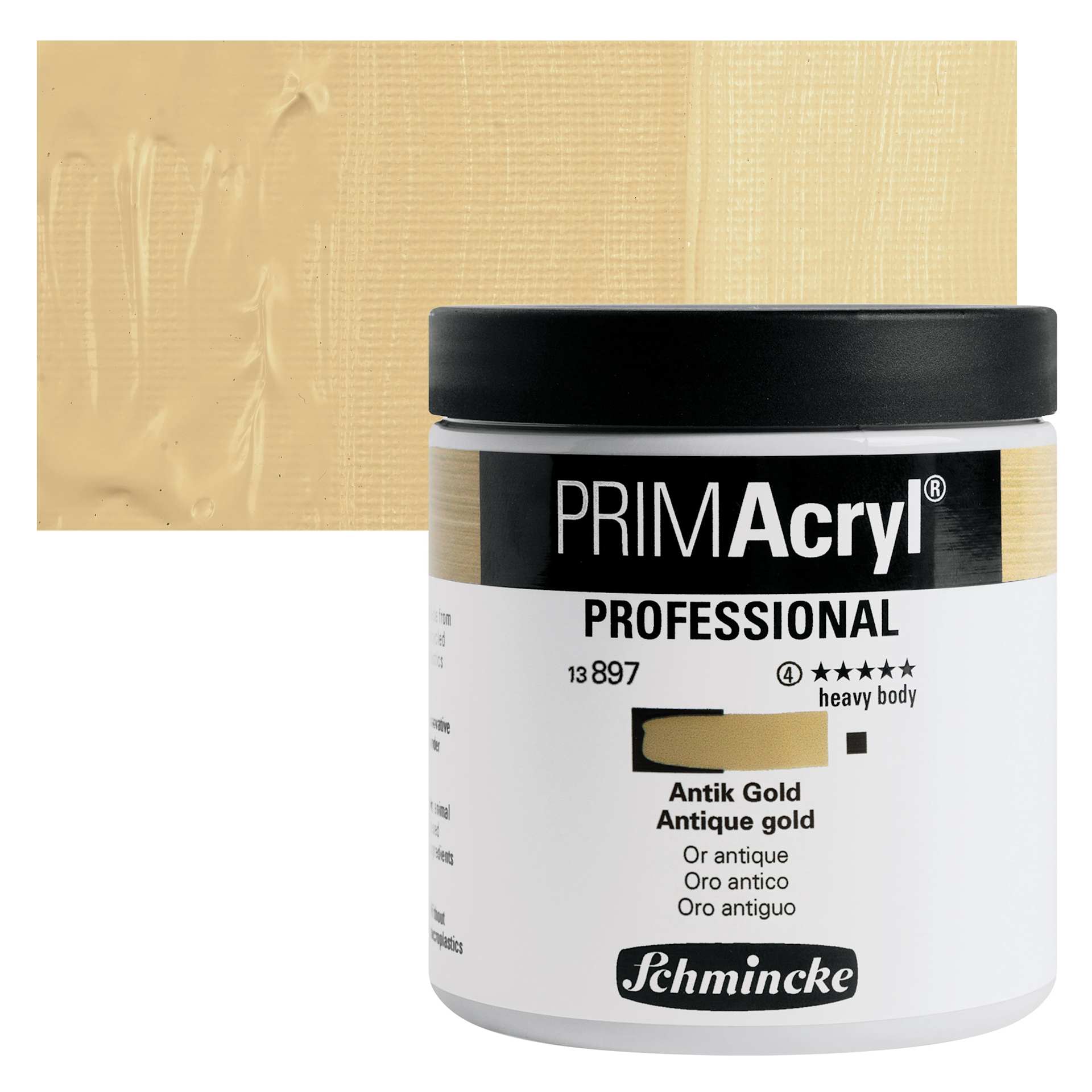 Schmincke Primacryl Professional Acrylic Paint - Antique Gold, 237 ml Jar and swatch