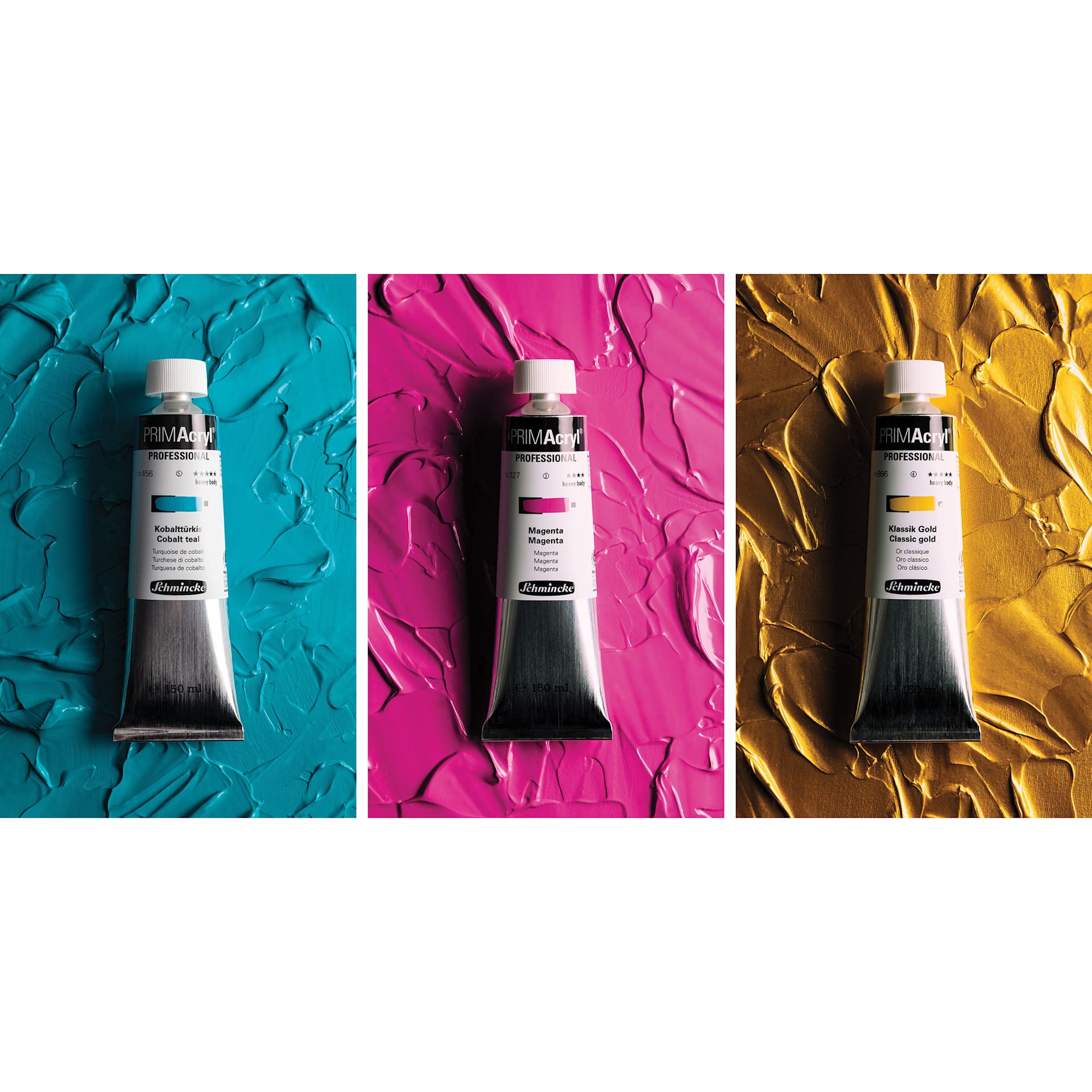 Tubes of Cobalt Teal, Magenta, and Classic Gold Schmincke Primacryl Professional Acrylics