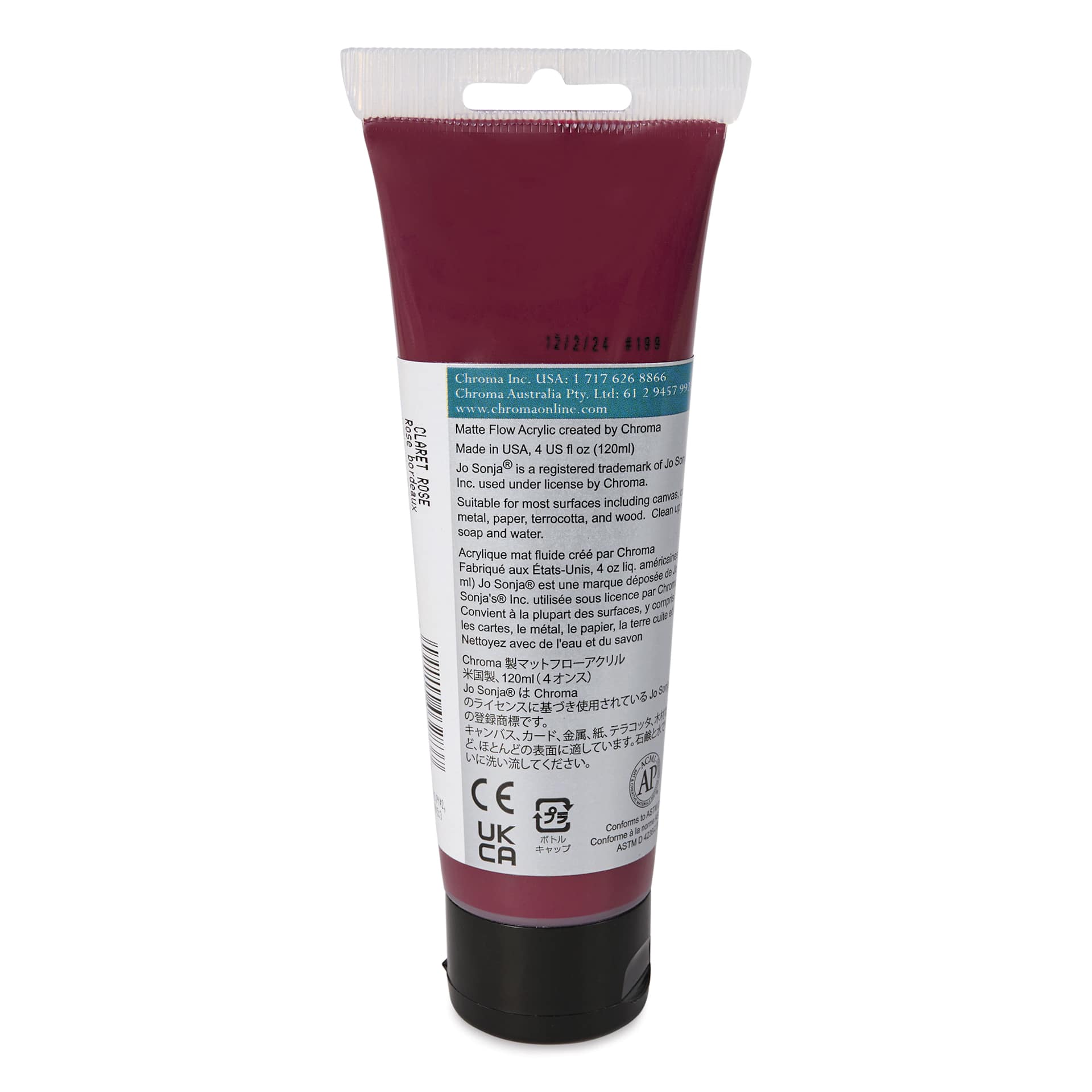 Chroma's Jo Sonja Color Trends Acrylic Paint - Claret Rose, 120 ml tube - back