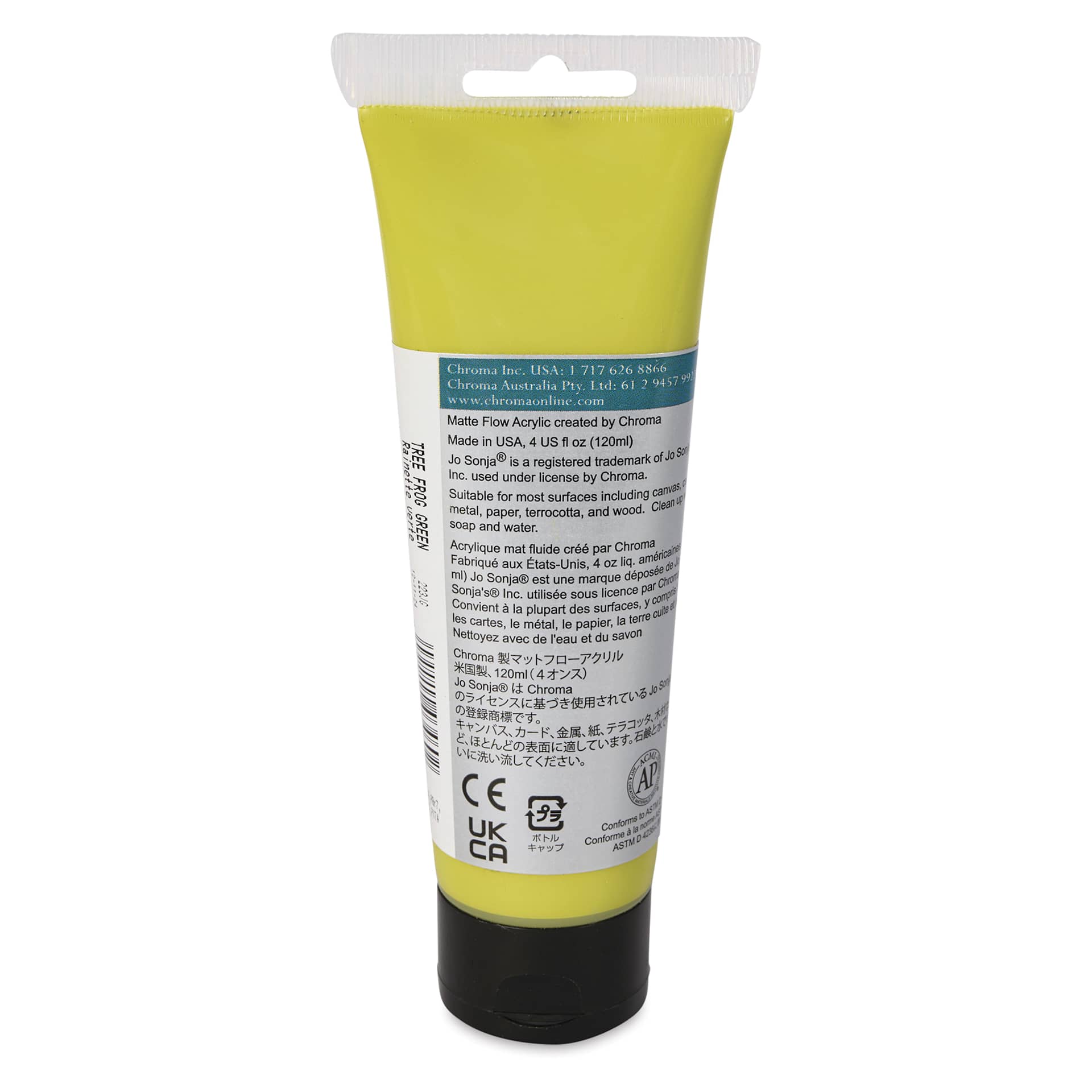 Chroma's Jo Sonja Color Trends Acrylic Paint - Tree Frog Green, 120 ml tube - back