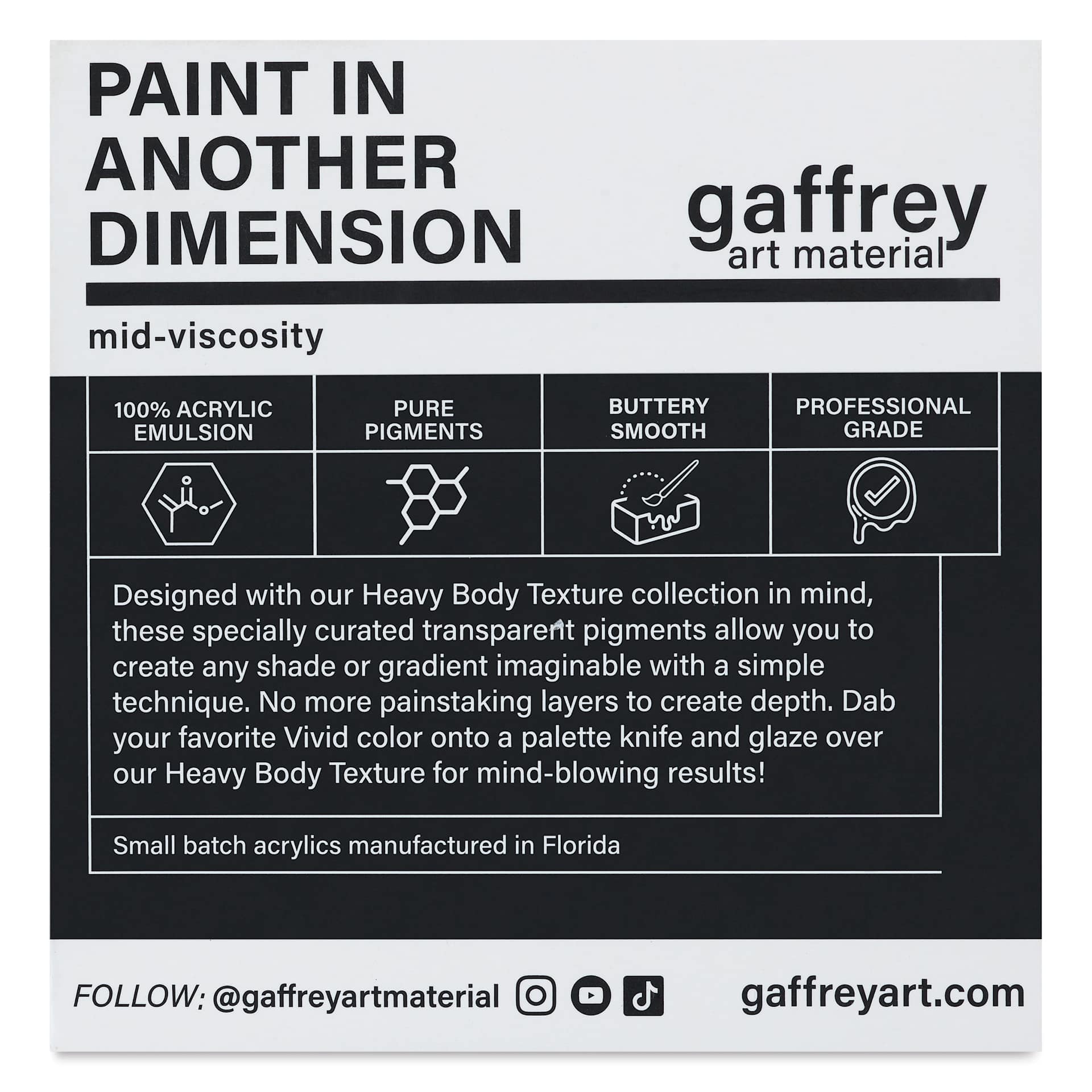 Gaffrey Art Material Standard Body Acrylic Paints - Set of 4, Vivid Colors, 59 ml Tube back of package