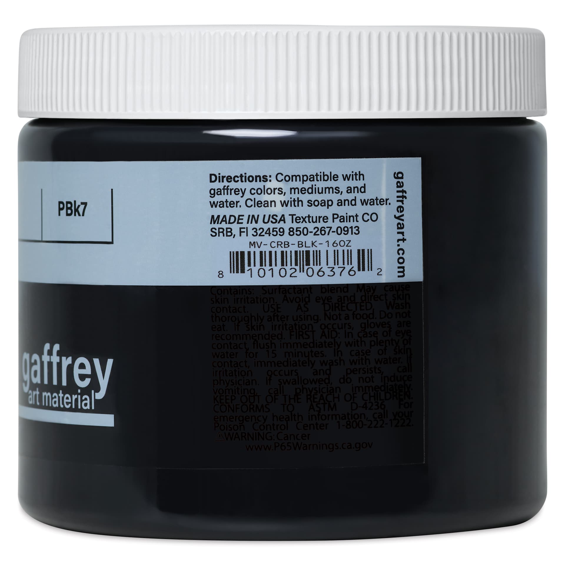 Gaffrey Art Material Standard Body Acrylic Paint - Carbon Black, 473 ml jar side view