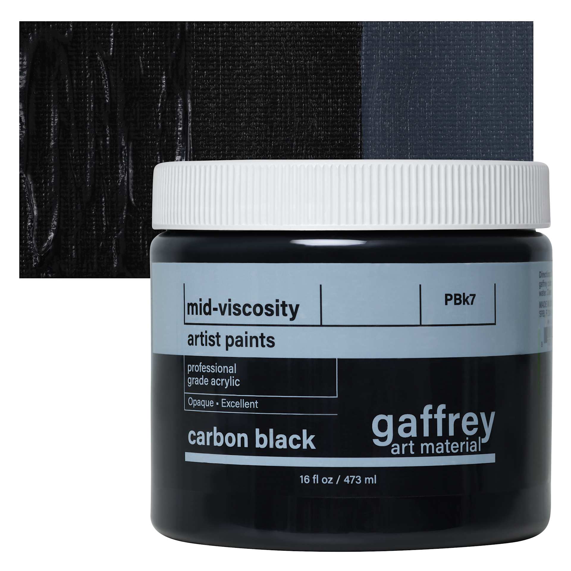 Gaffrey Art Material Standard Body Acrylic Paint - Carbon Black, 473 ml jar and swatch