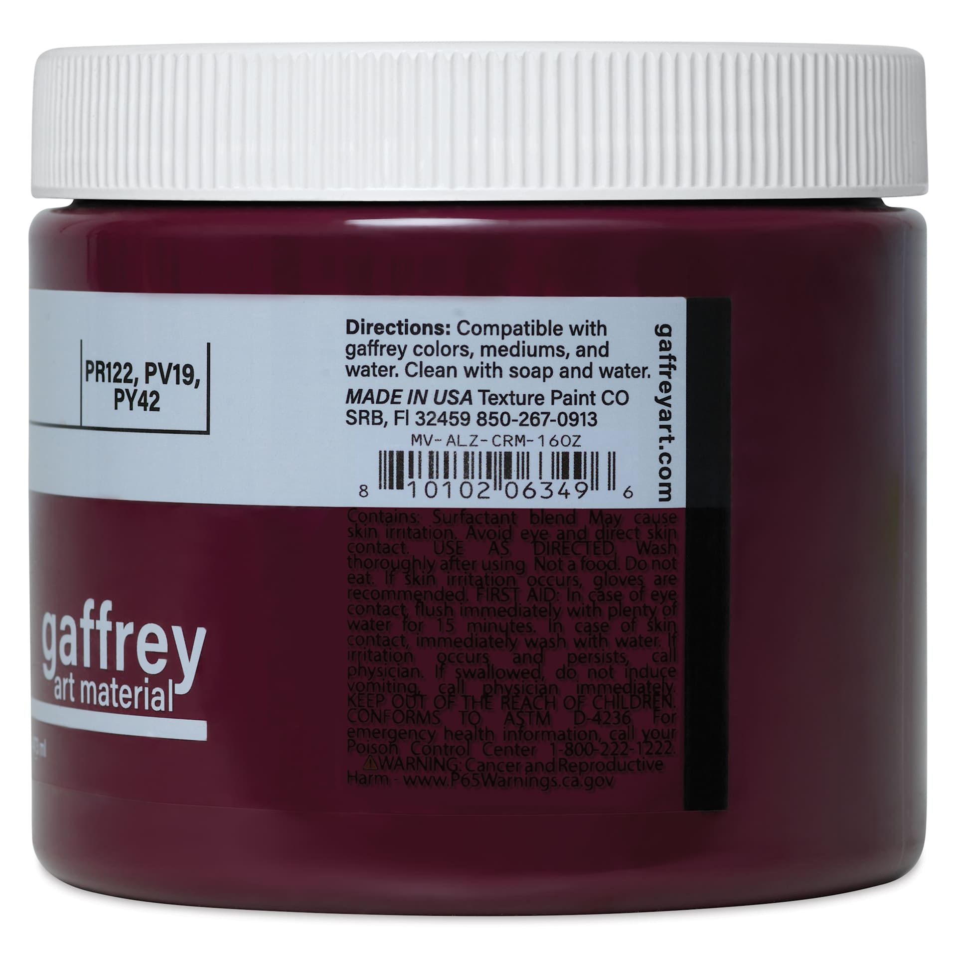 Gaffrey Art Material Standard Body Acrylic Paint - Alizarin Crimson, 473 ml jar side view