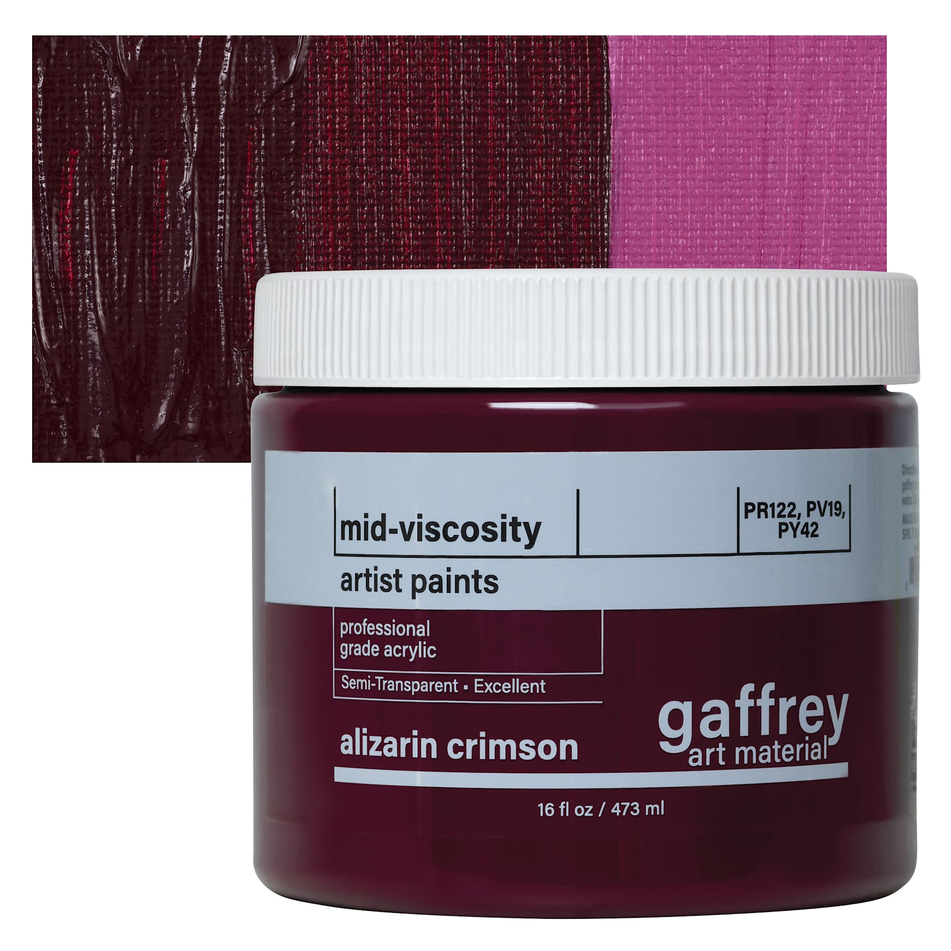 Gaffrey Art Material Standard Body Acrylic Paint - Alizarin Crimson, 473 ml jar and swatch