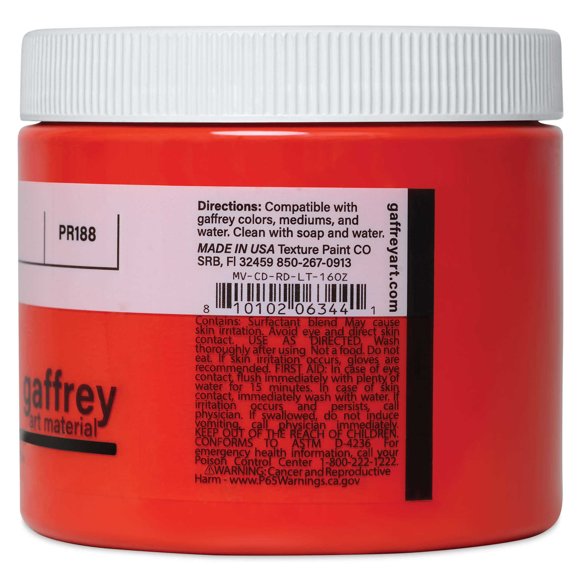 Gaffrey Art Material Standard Body Acrylic Paint - Cadmium Red Light Hue, 473 ml jar side view
