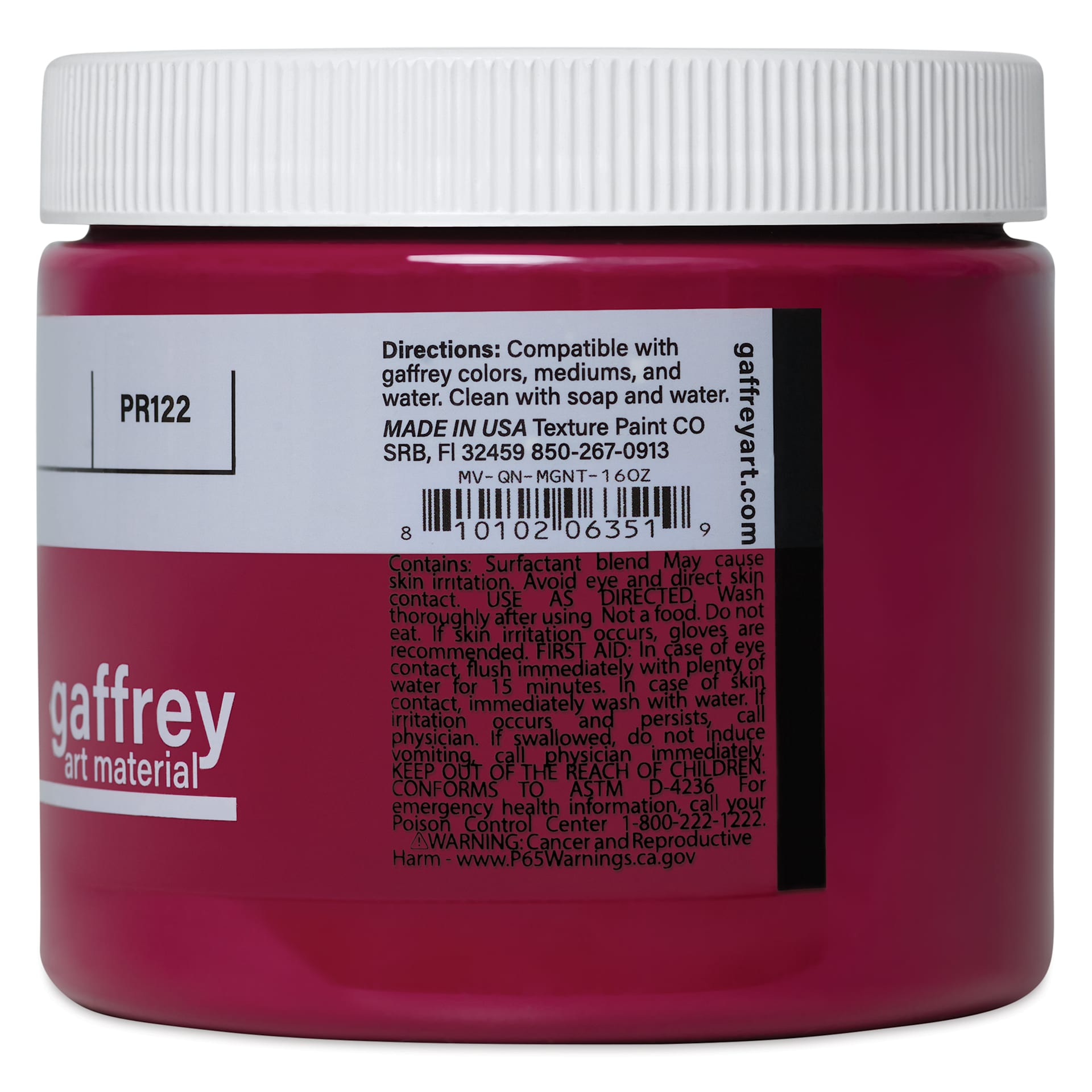 Gaffrey Art Material Standard Body Acrylic Paint - Quinacridone Magenta, 473 ml jar back