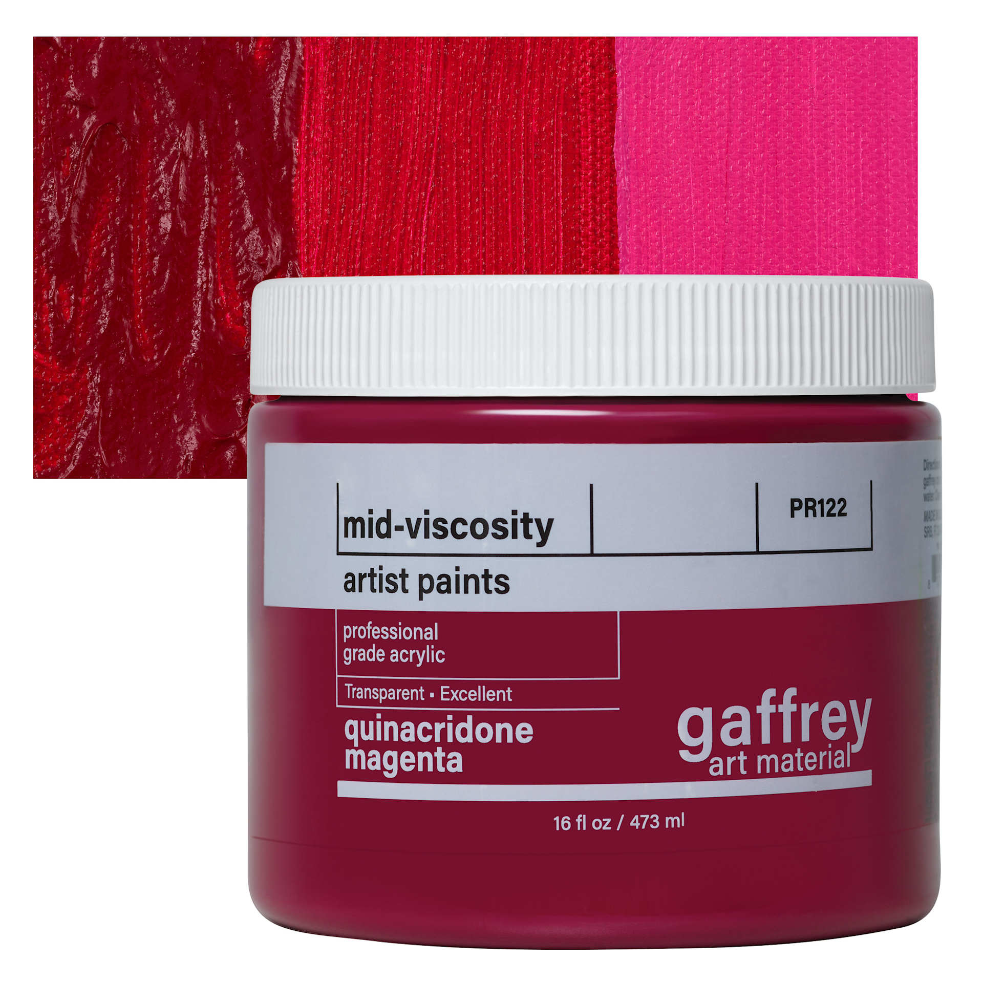 Gaffrey Art Material Standard Body Acrylic Paint - Quinacridone Magenta, 473 ml jar and swatch
