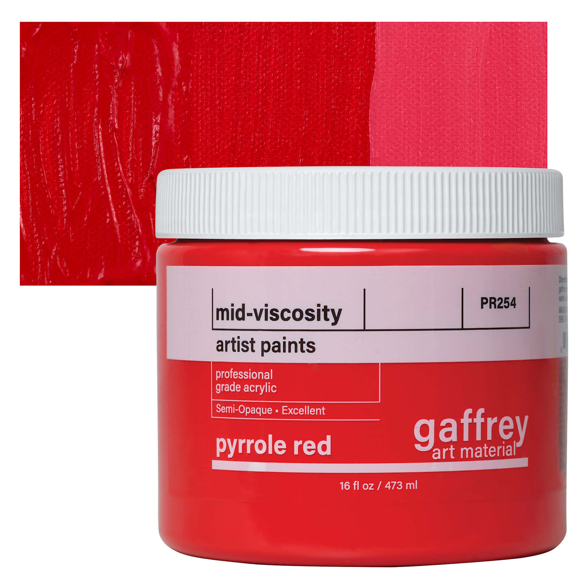 Gaffrey Art Material Standard Body Acrylic Paint - Pyrrole Red, 473 ml jar and swatch