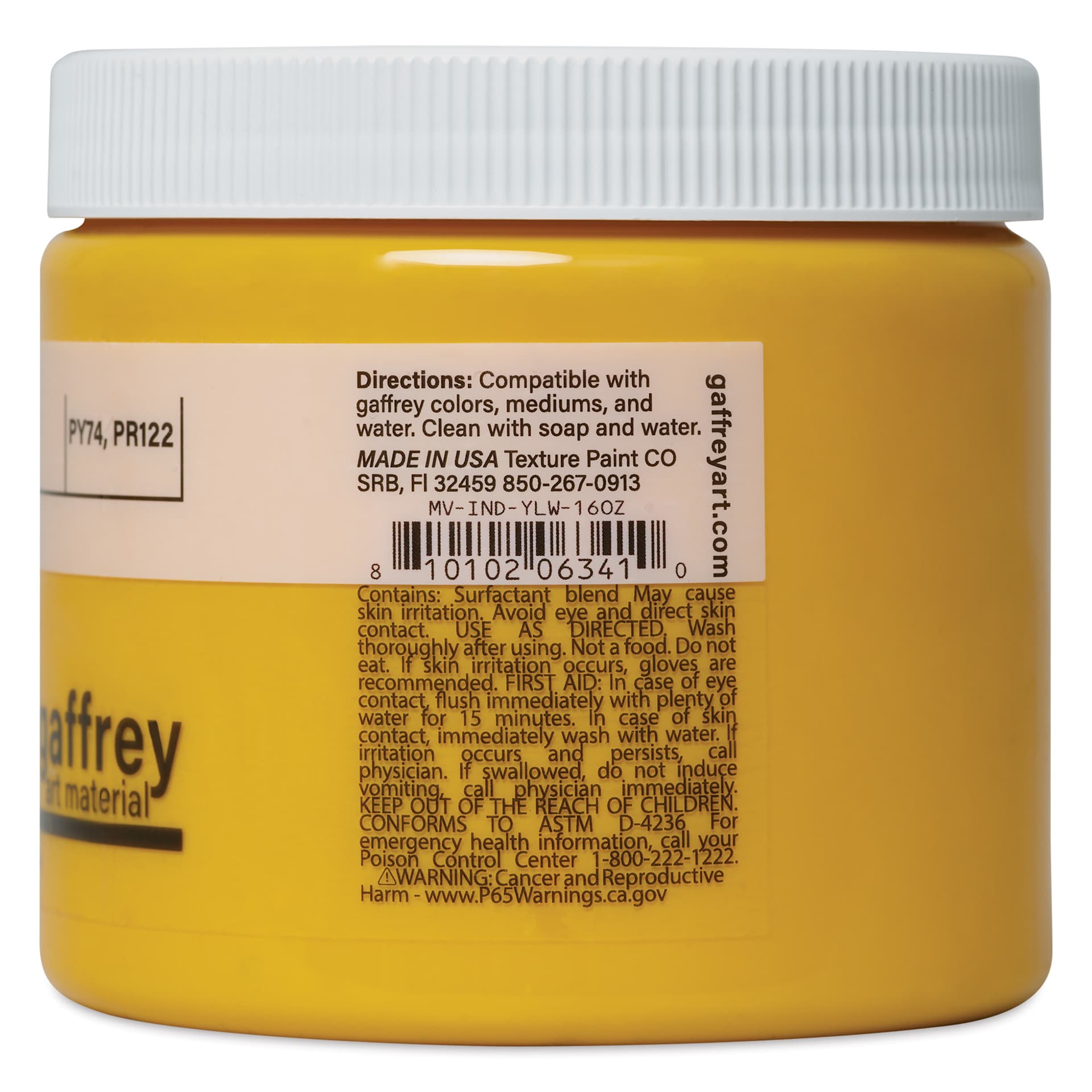Gaffrey Art Material Standard Body Acrylic Paint - India Yellow, 473 ml side view