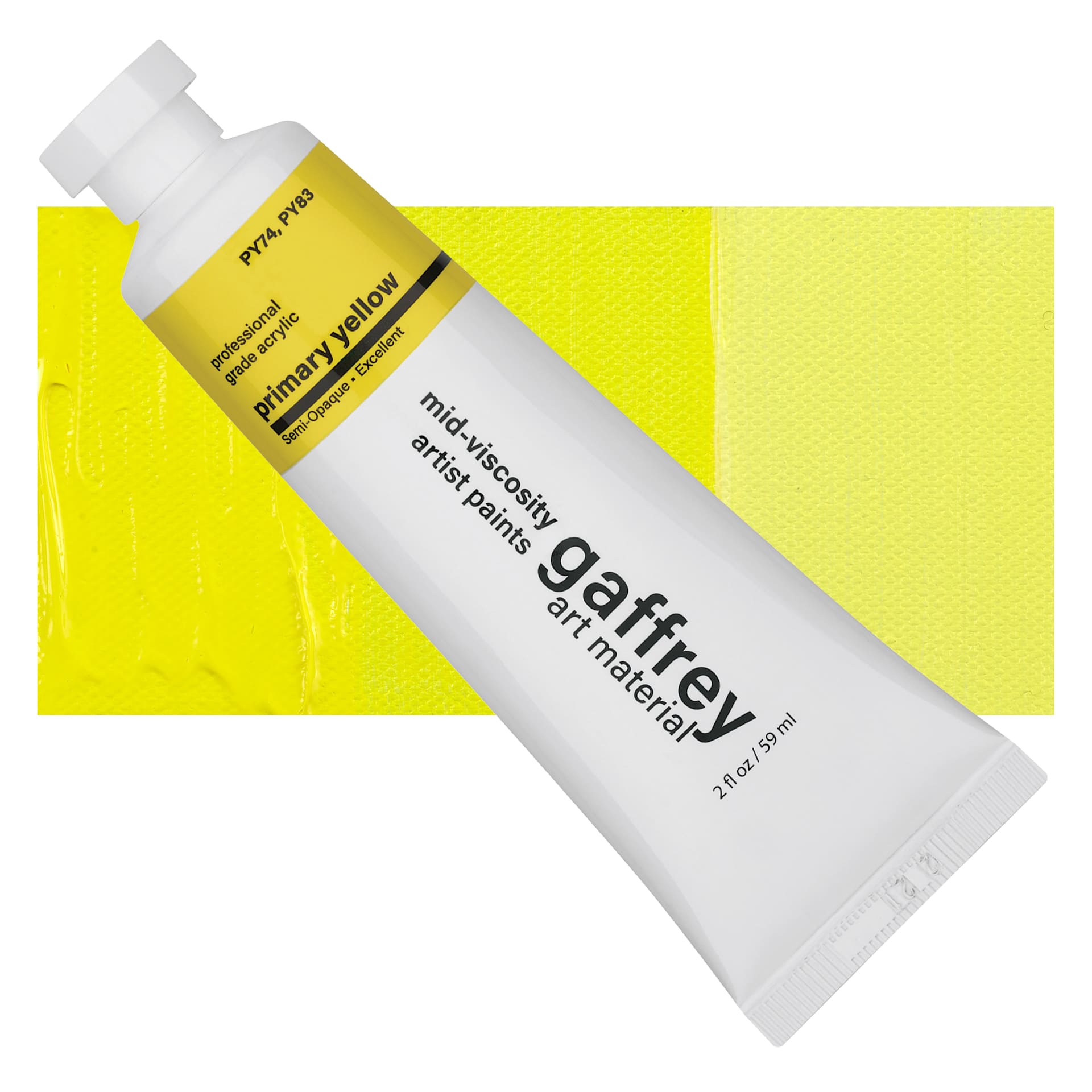 Gaffrey Art Material Standard Body Acrylic Paint - Primary Yellow, 59 ml tube and swatch