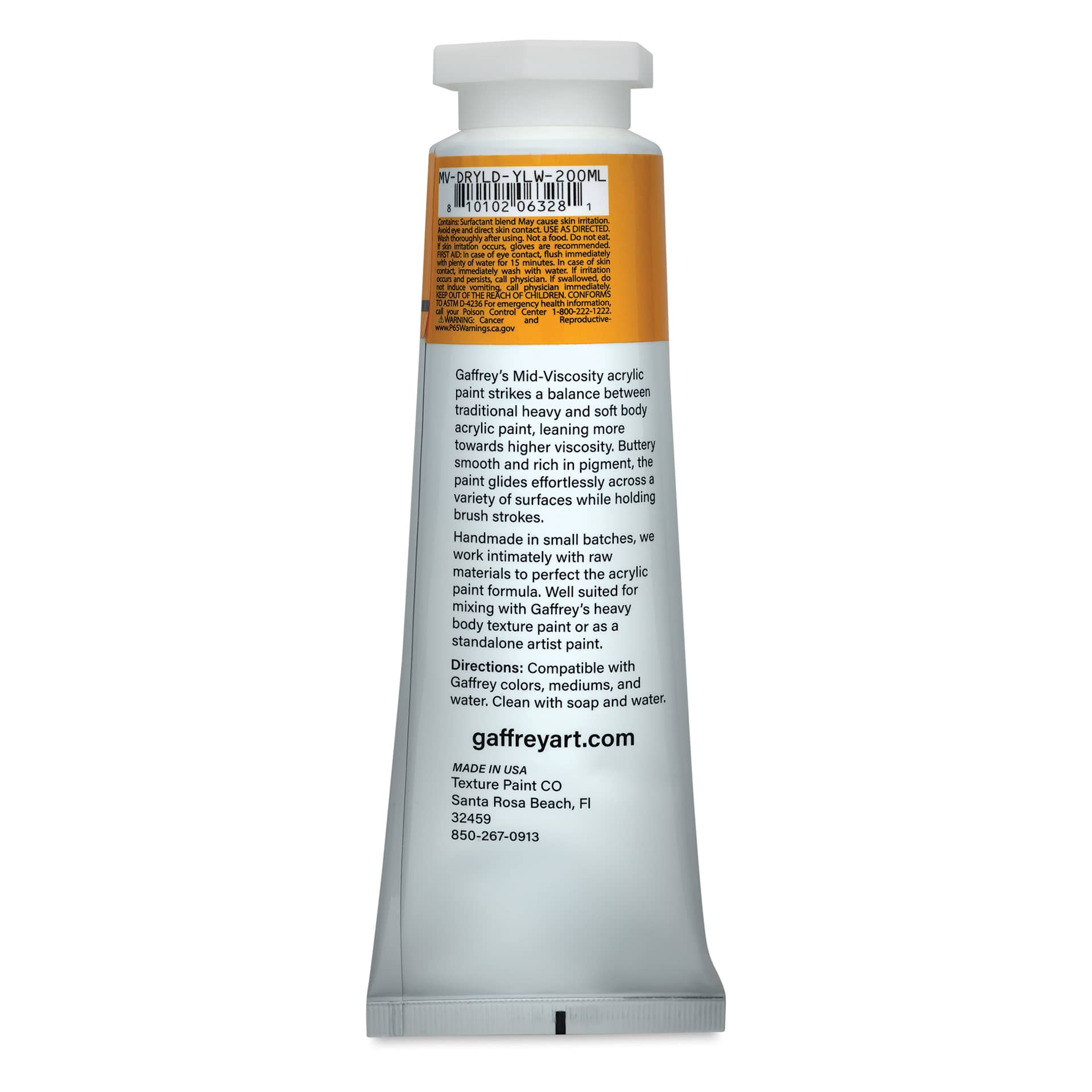 Gaffrey Art Material Standard Body Acrylic Paint - Diarylide Yellow, 200 ml tube back