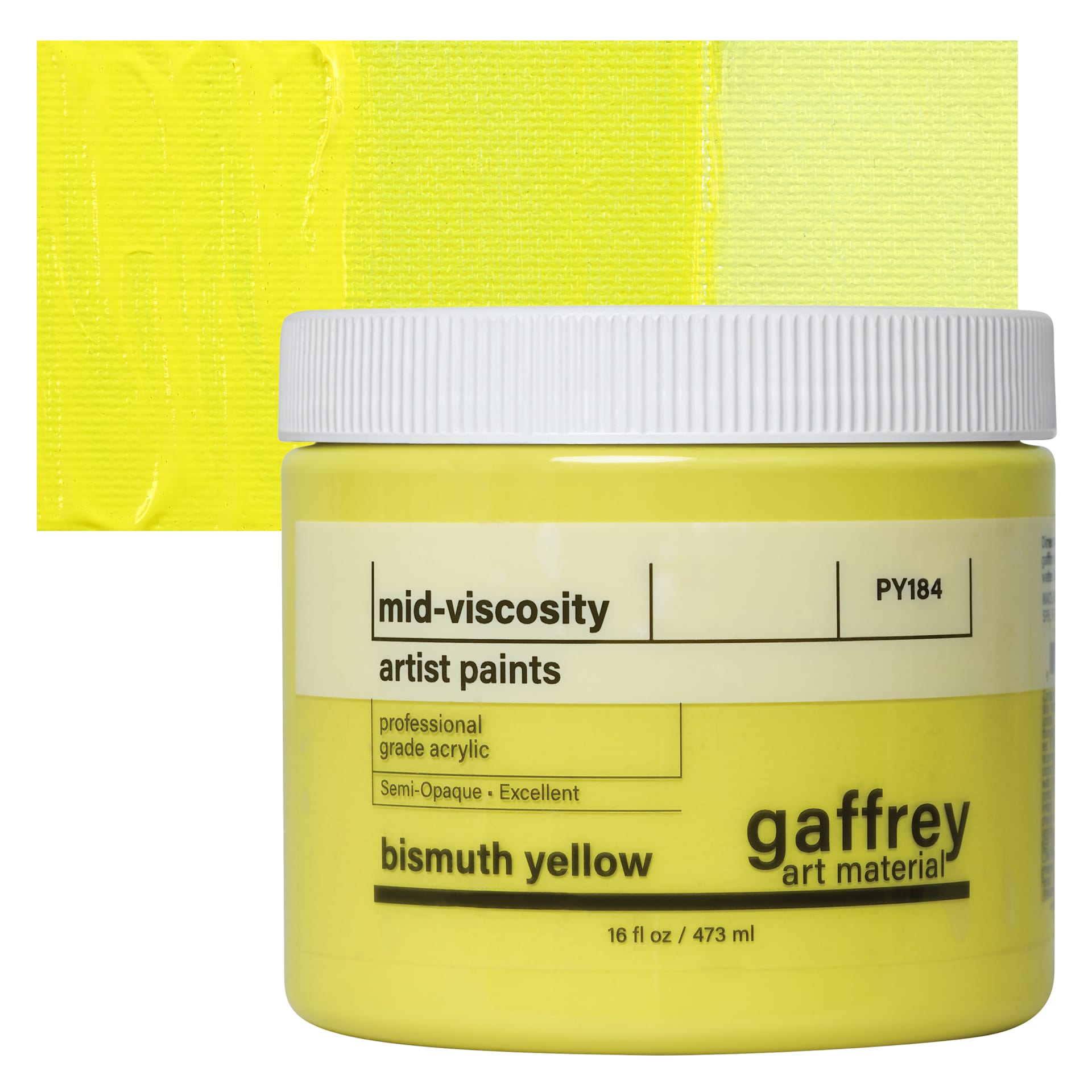 Gaffrey Art Material Standard Body Acrylic Paint - Bismuth Yellow, 473 ml jar and swatch