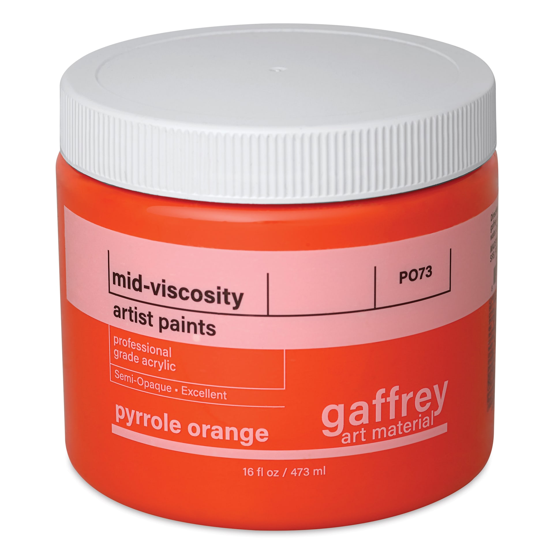 Gaffrey Art Material Standard Body Acrylic Paint - Pyrrole Orange, 473 ml jar side