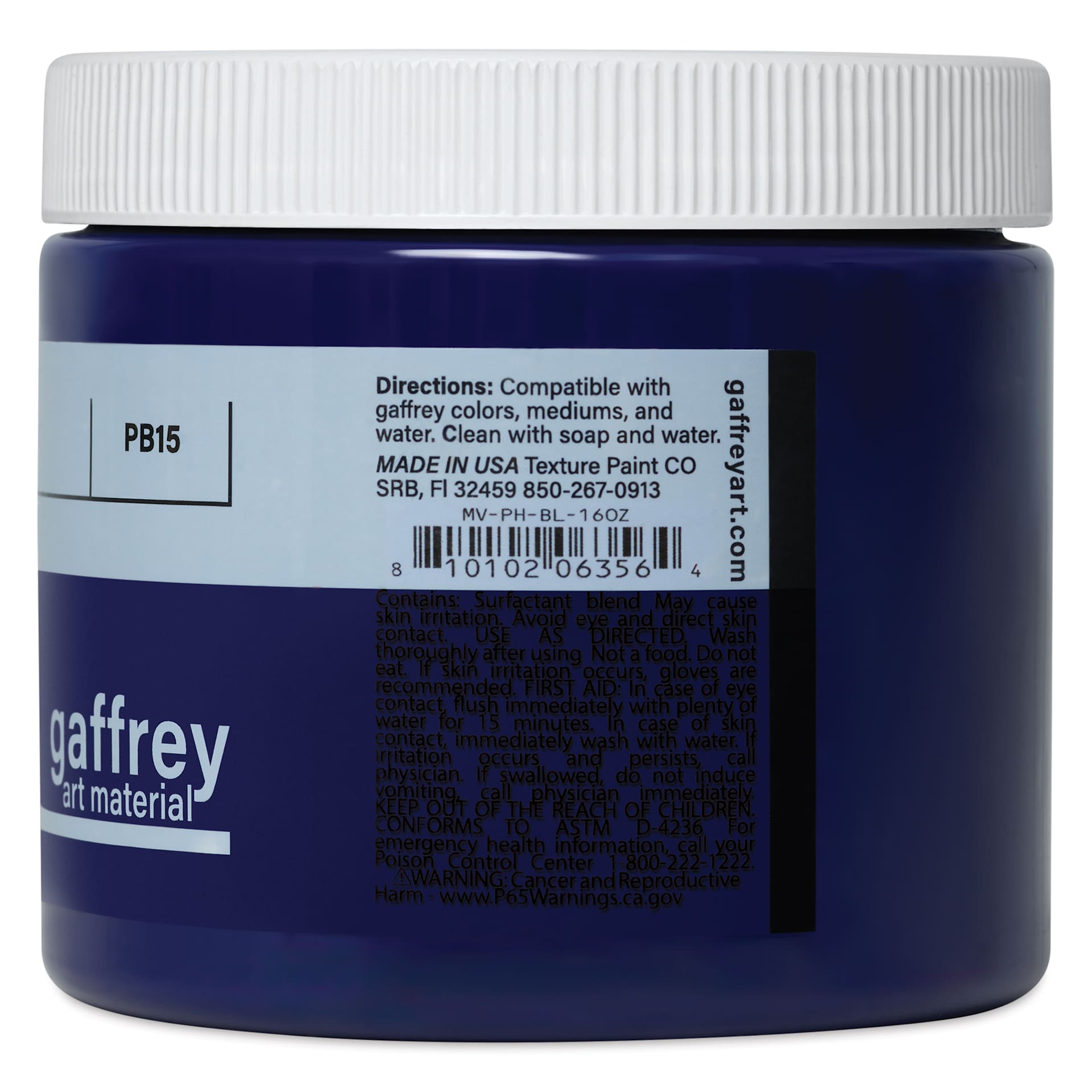 Gaffrey Art Material Standard Body Acrylic Paint - Phthalo Blue, 473 ml jar side view