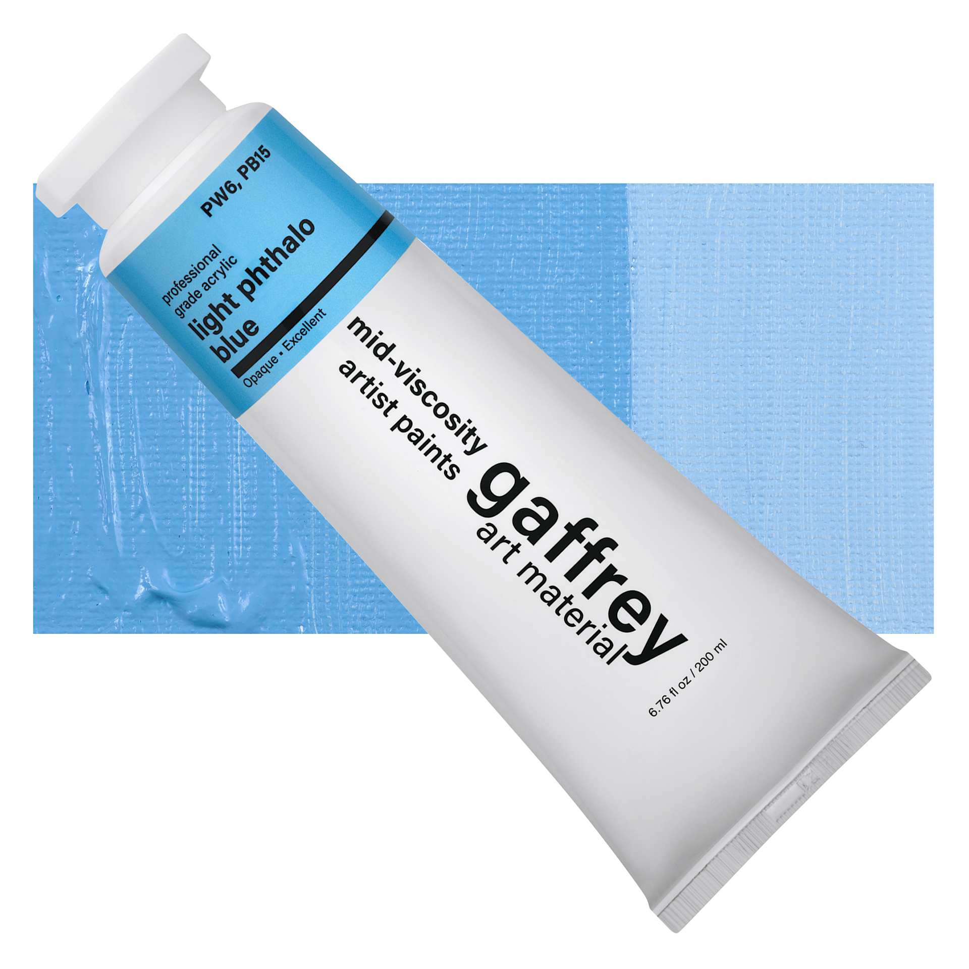 Gaffrey Art Material Standard Body Acrylic Paint - Light Phthalo Blue, 200 ml tube and swatch