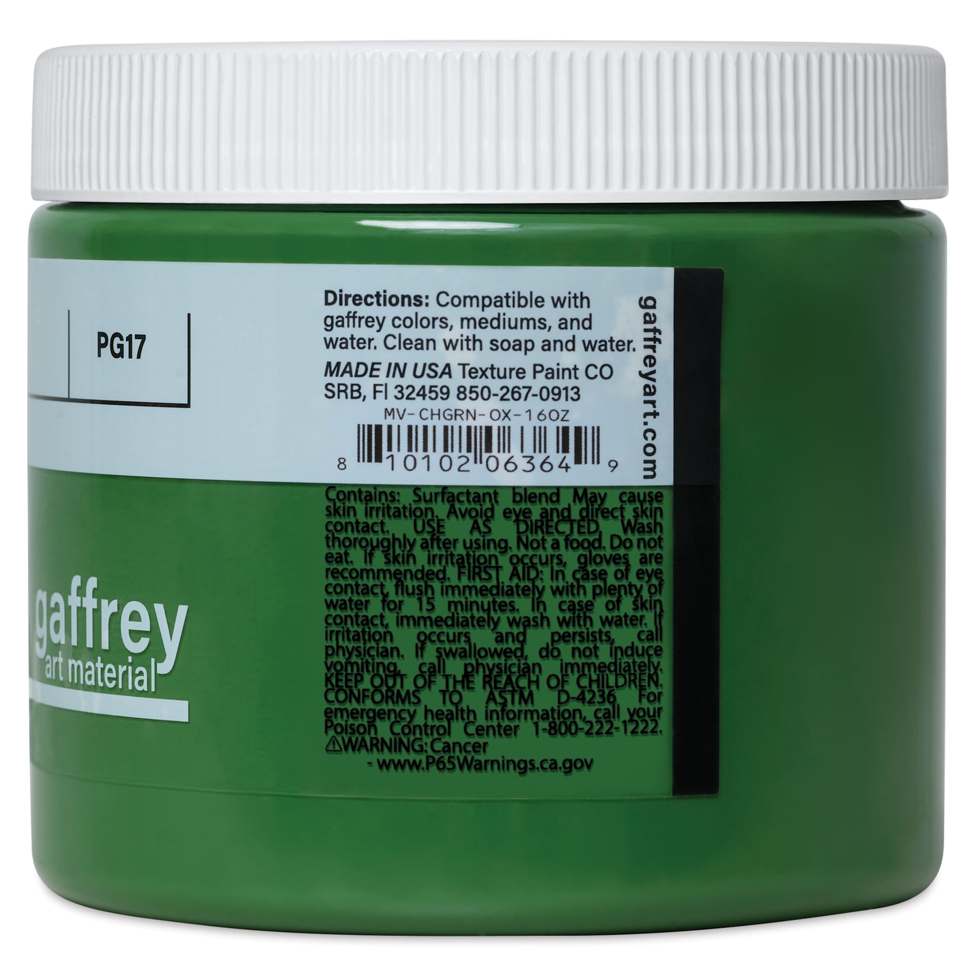 Gaffrey Art Material Standard Body Acrylic Paint - Chromium Green Oxide, 473 ml jar side view