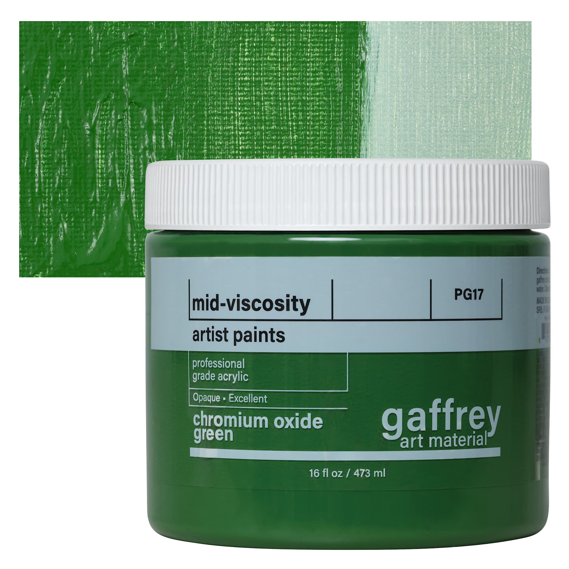 Gaffrey Art Material Standard Body Acrylic Paint - Chromium Green Oxide, 473 ml jar and swatch