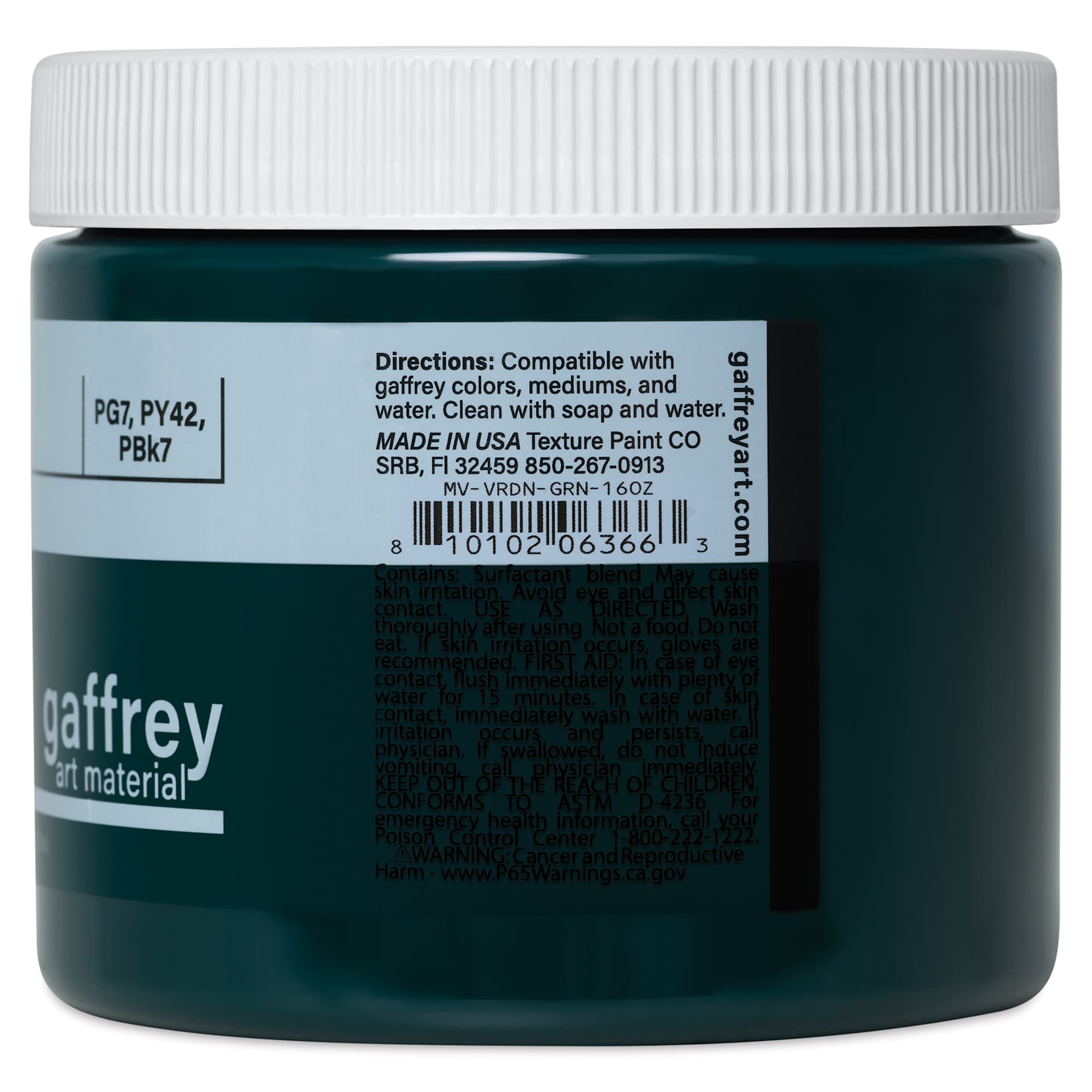 Gaffrey Art Material Standard Body Acrylic Paint - Viridian Green, 473 ml jar side