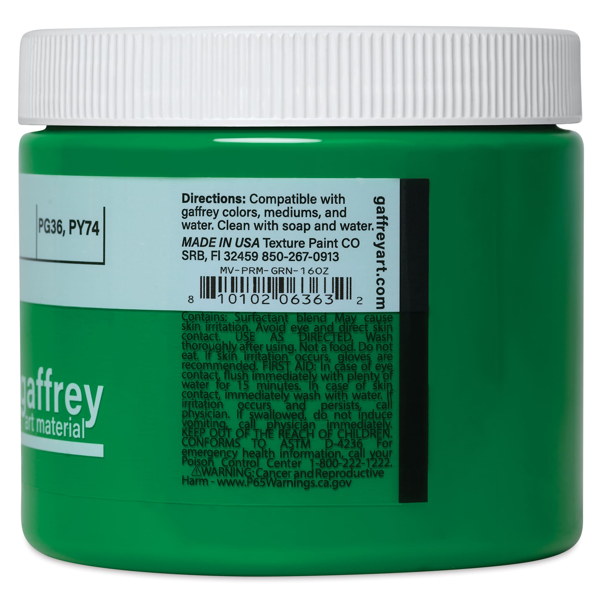 Gaffrey Art Material Standard Body Acrylic Paint - Permanent Green, 473 ml jar side