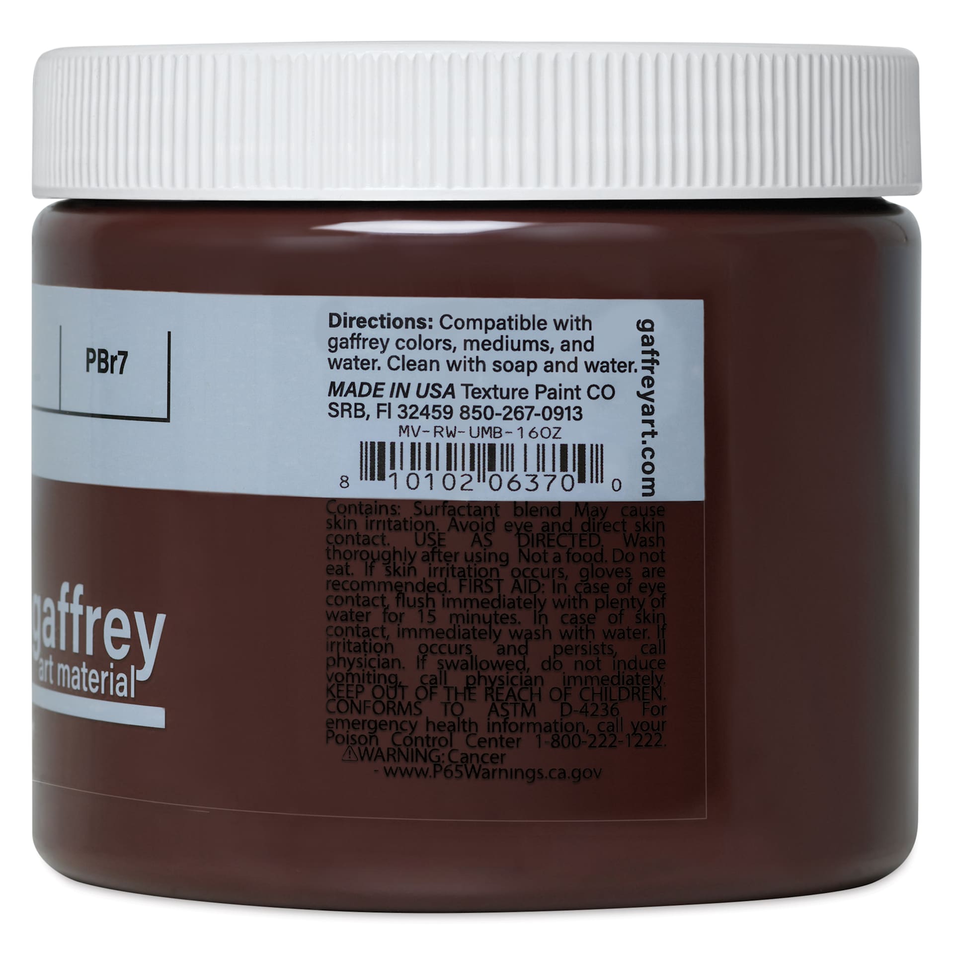 Gaffrey Art Material Standard Body Acrylic Paint - Raw Umber, 473 ml jar side