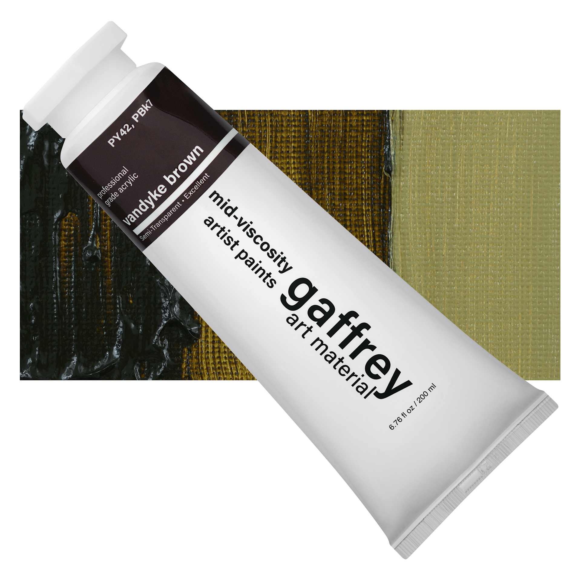 Gaffrey Art Material Standard Body Acrylic Paint - Vandyke Brown, 200 ml tube and swatch