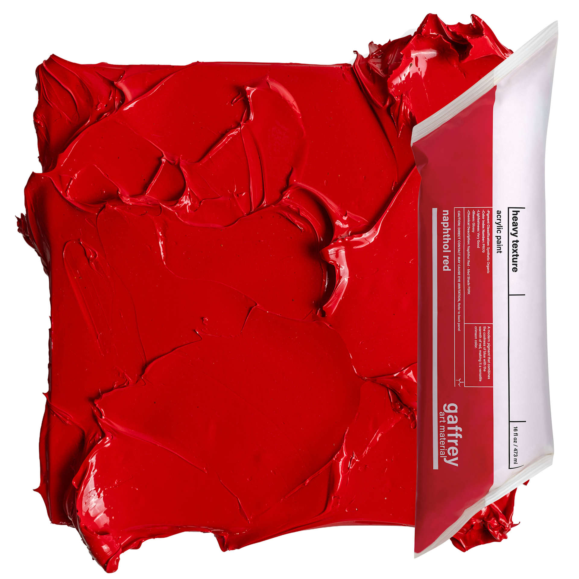 Gaffrey Heavy Body Texture Acrylic Paint - Naphthol Red, 16 oz pouch and swatch