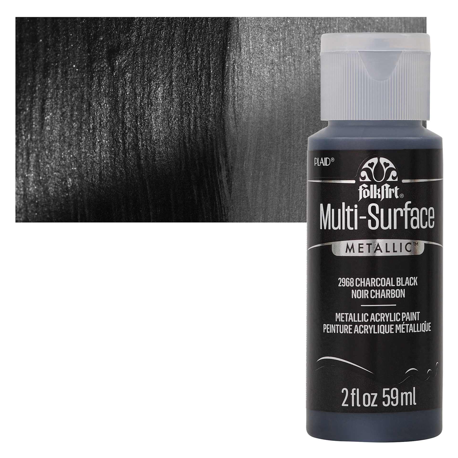 FolkArt Multi-Surface Metallic Acrylic Paint - Charcoal Black, 59 ml bottle and swatch