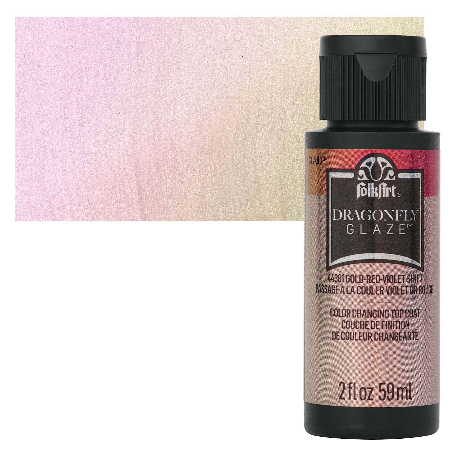 FolkArt Dragonfly Iridescent Acrylic Top Coat Glaze - Gold Red Violet, 59 ml bottle and swatch