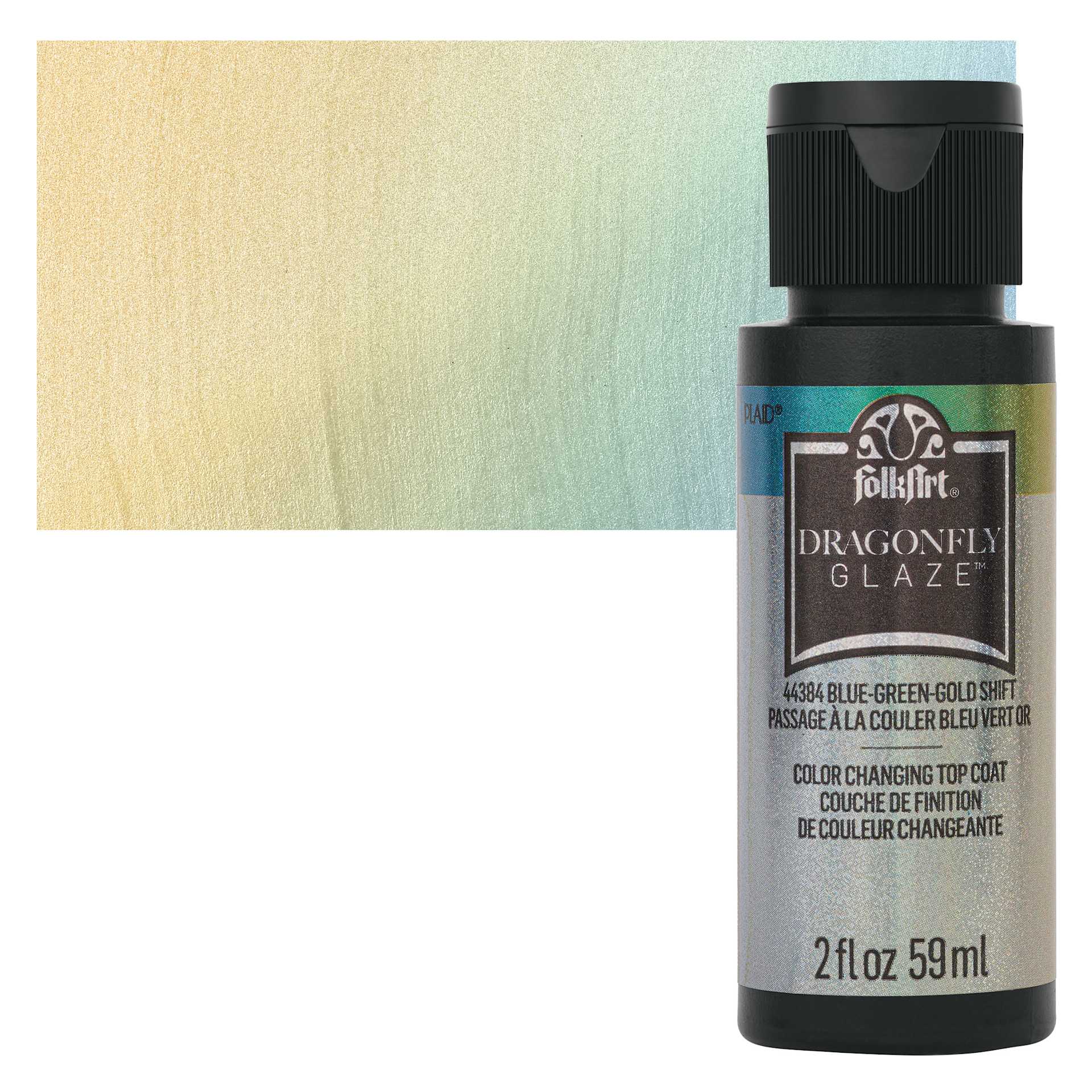 FolkArt Dragonfly Iridescent Acrylic Top Coat Glaze - Blue Green Gold, 59 oz bottle and swatch