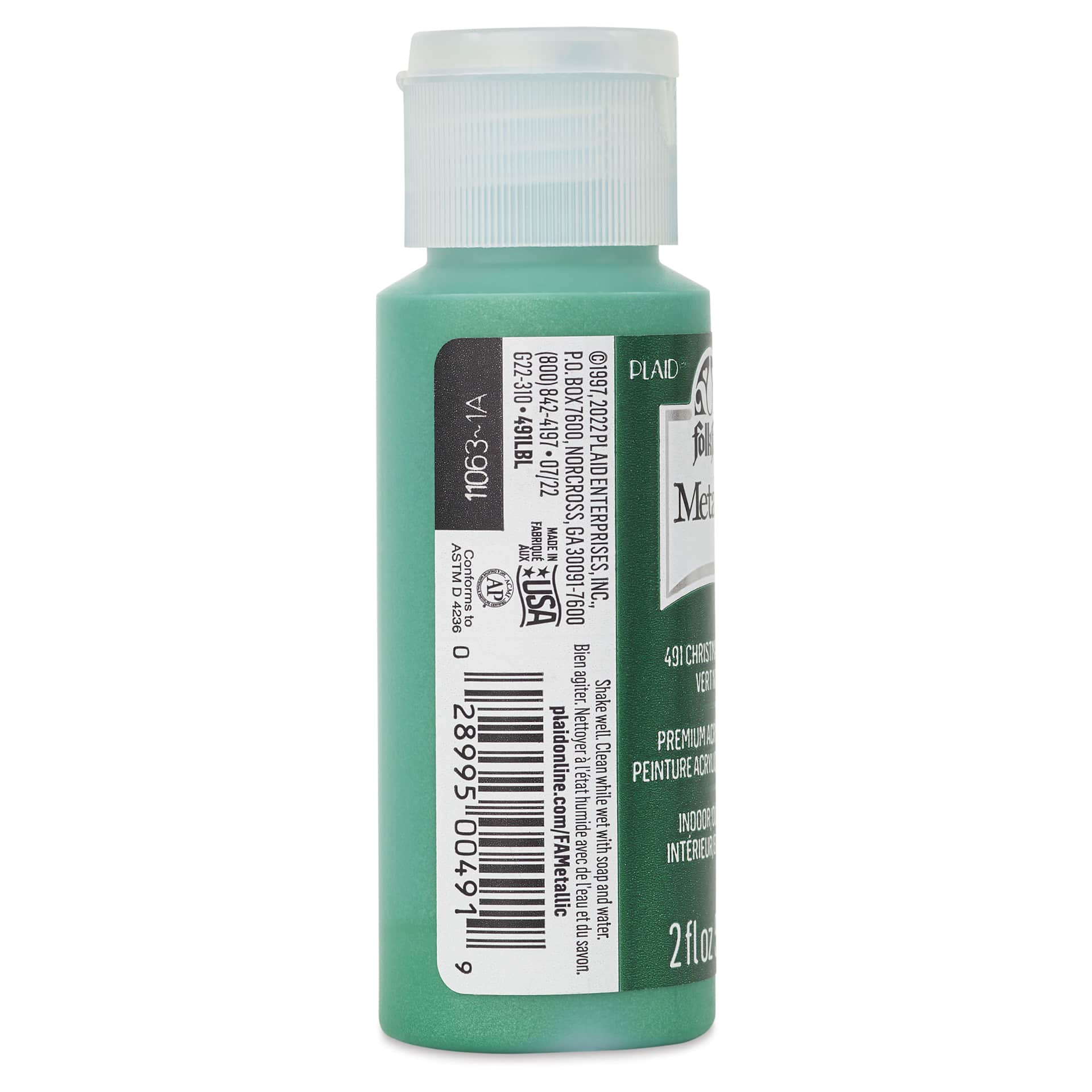FolkArt Metallic Acrylic Paint - Christmas Green, 59 ml bottle side

